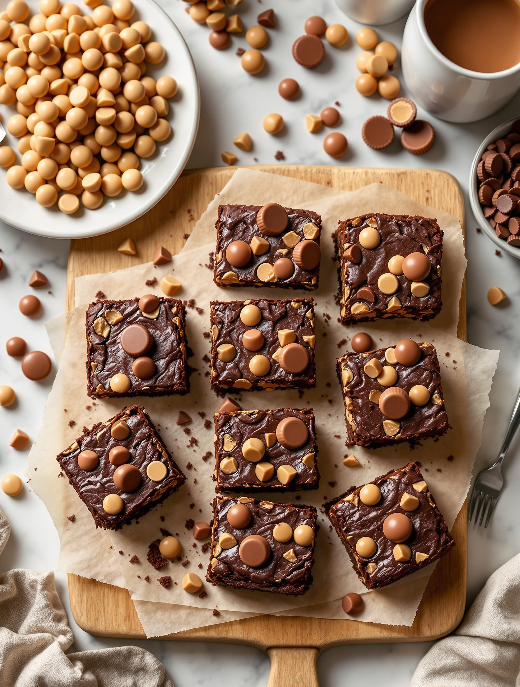 Delicious Peanut Butter Cup Brownies topped with chocolate and peanut butter cups on a wooden board.