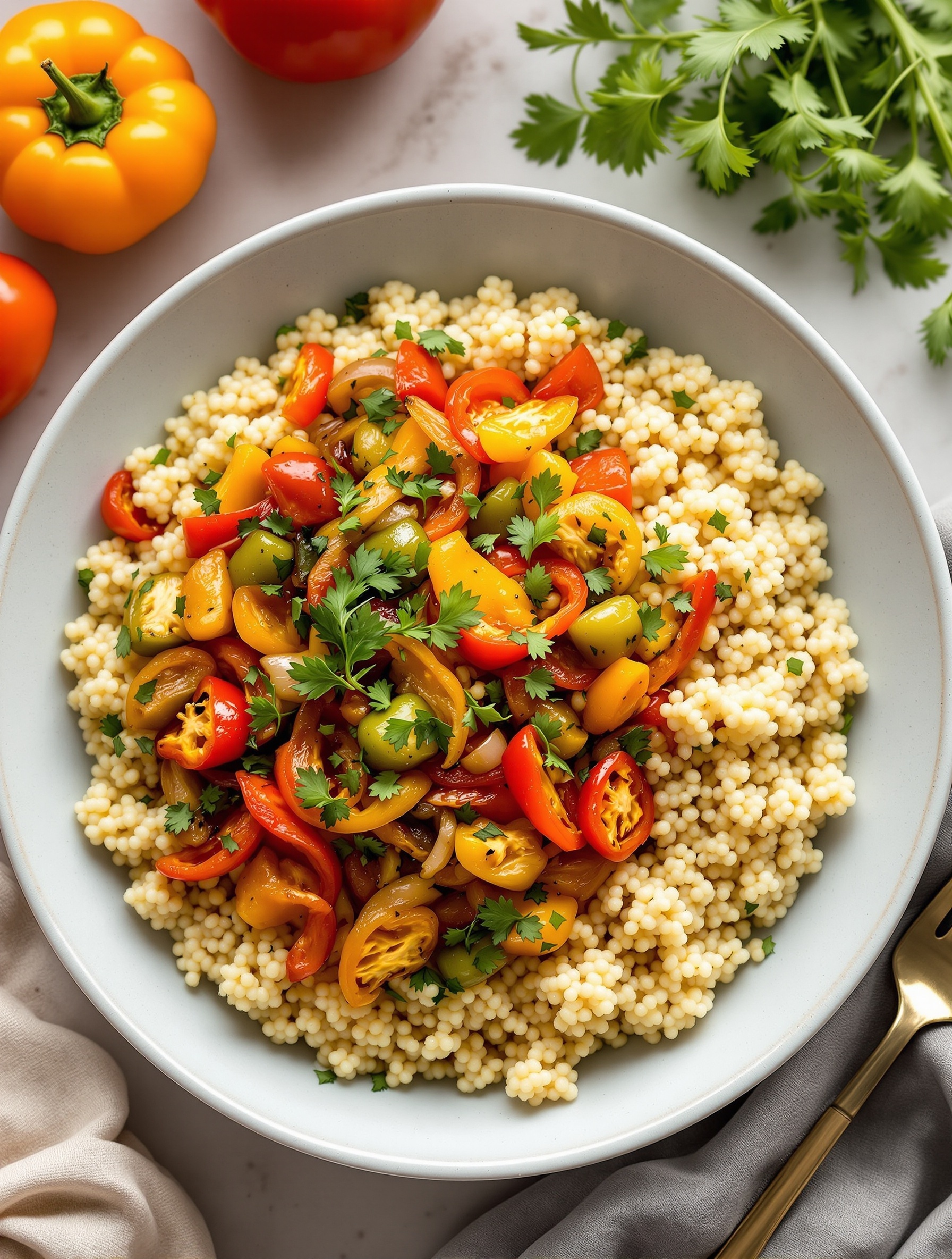 A colorful bowl of quinoa topped with sautéed peppers and onions, garnished with fresh cilantro.