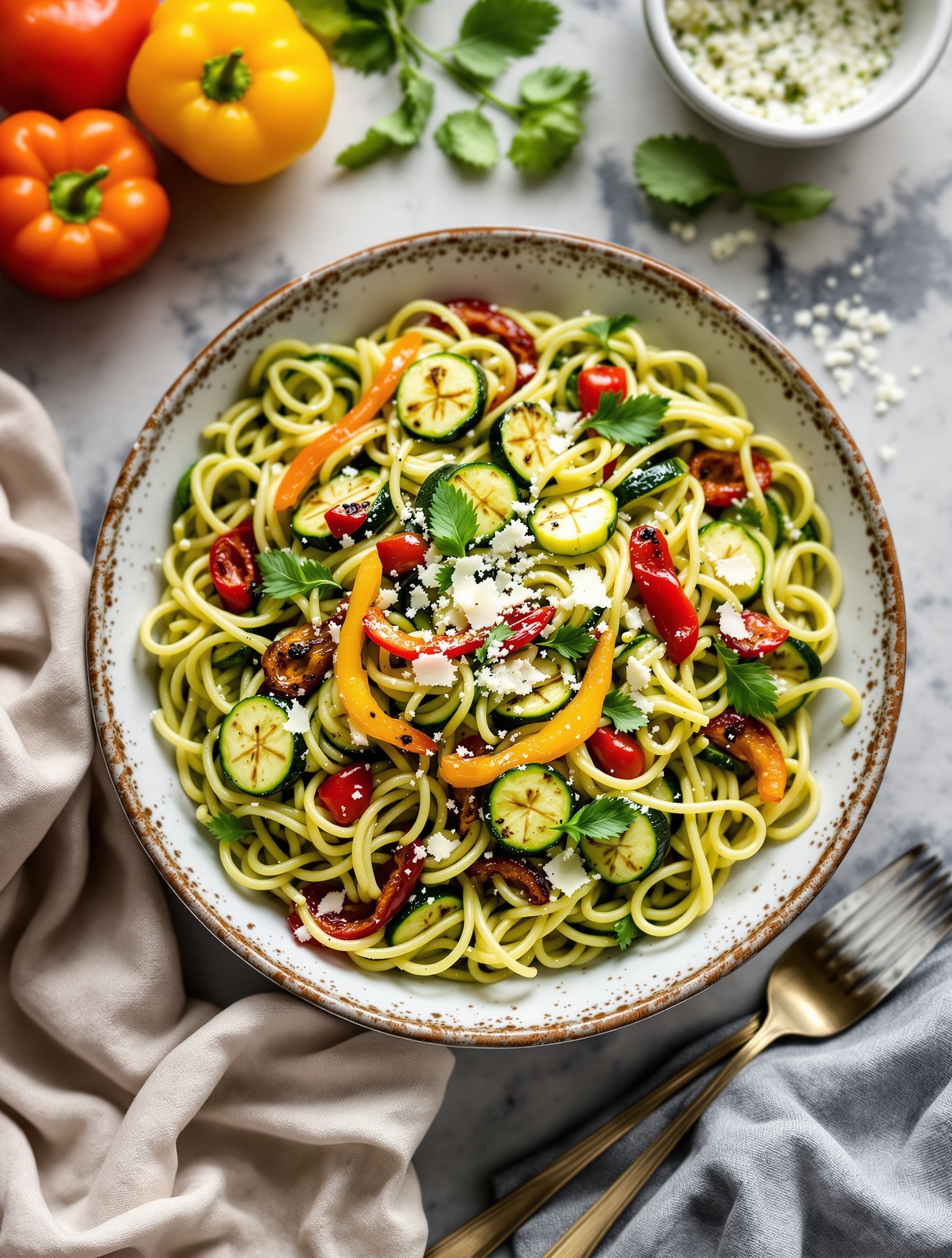 A bowl of Pesto Pasta Salad with Grilled Vegetables, featuring colorful bell peppers, zucchini, and cherry tomatoes, garnished with feta cheese and fresh herbs.