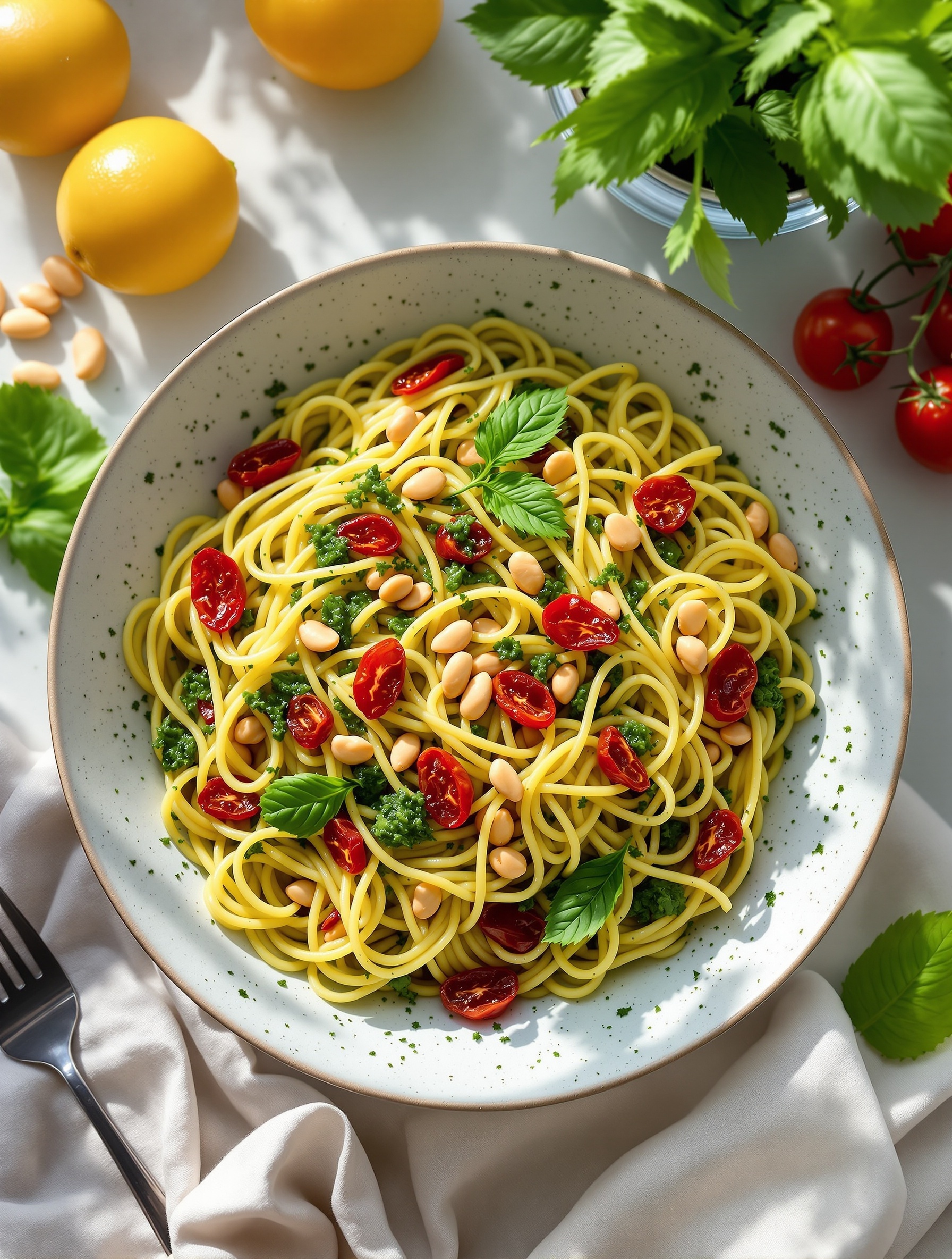 A bowl of pesto pasta with sun-dried tomatoes, garnished with fresh basil, pine nuts, and surrounded by lemons and cherry tomatoes.