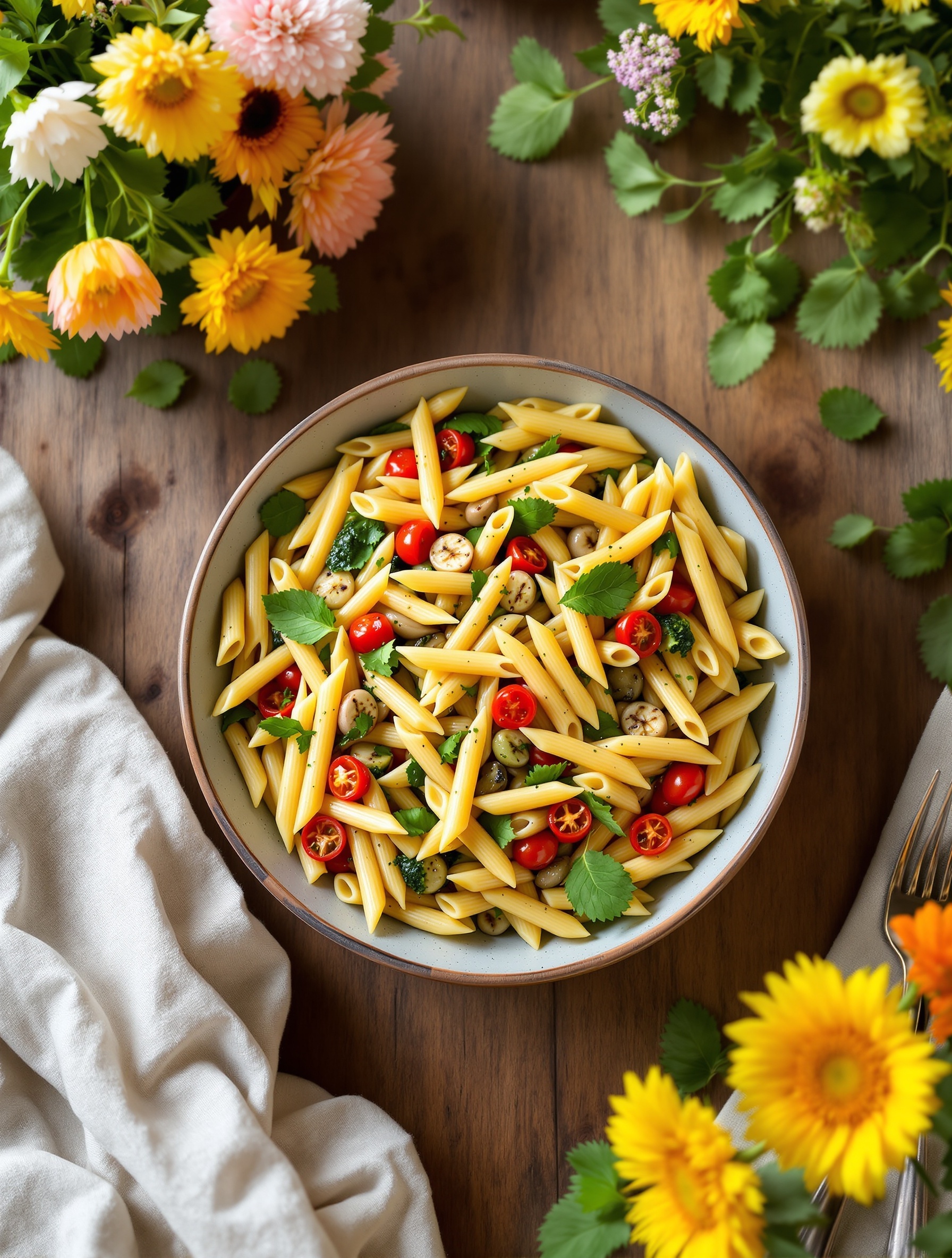 A bowl of Pesto Penne with Grilled Vegetables, garnished with fresh herbs and surrounded by colorful flowers.