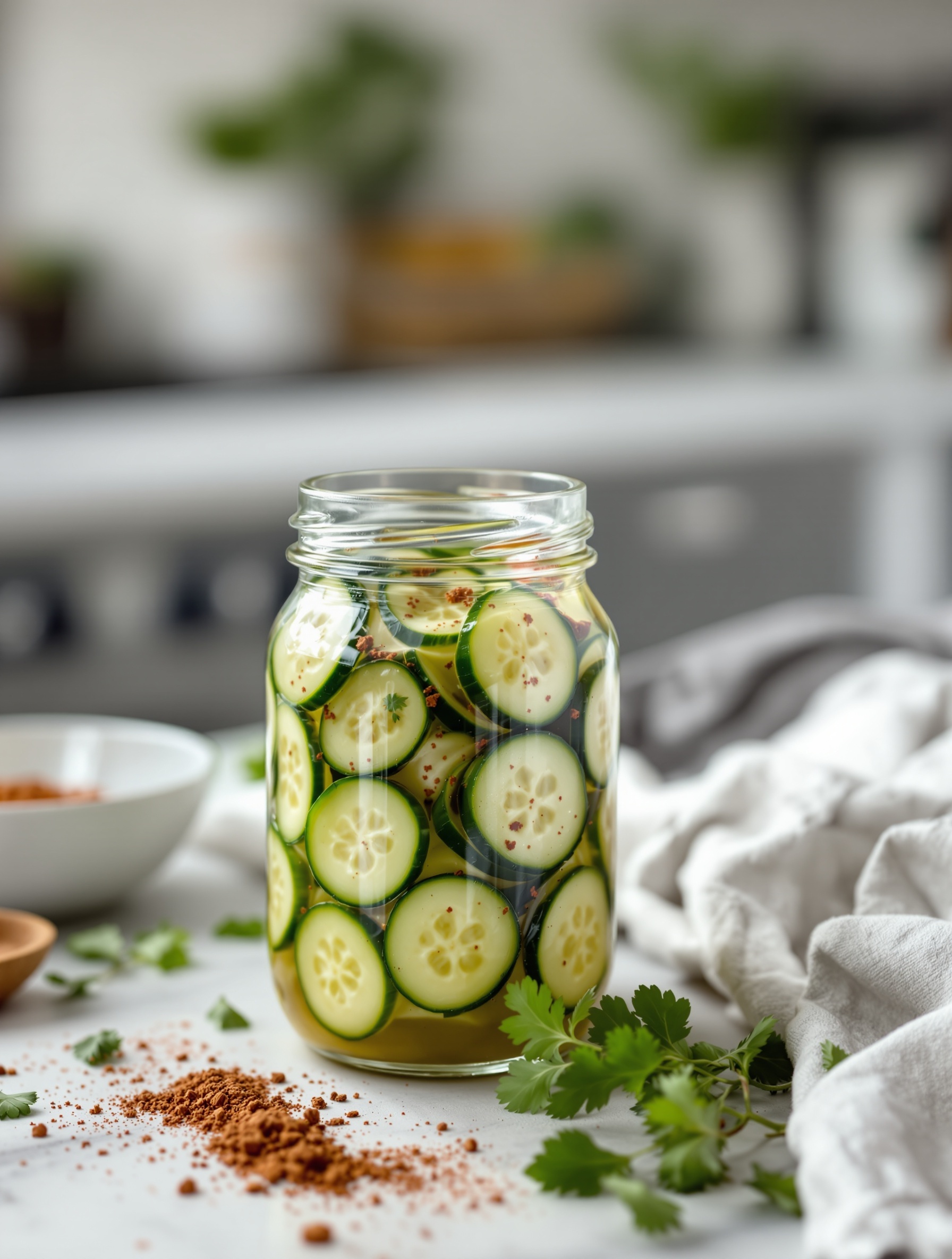 A jar filled with sliced cucumbers in brine, garnished with spices and fresh herbs.