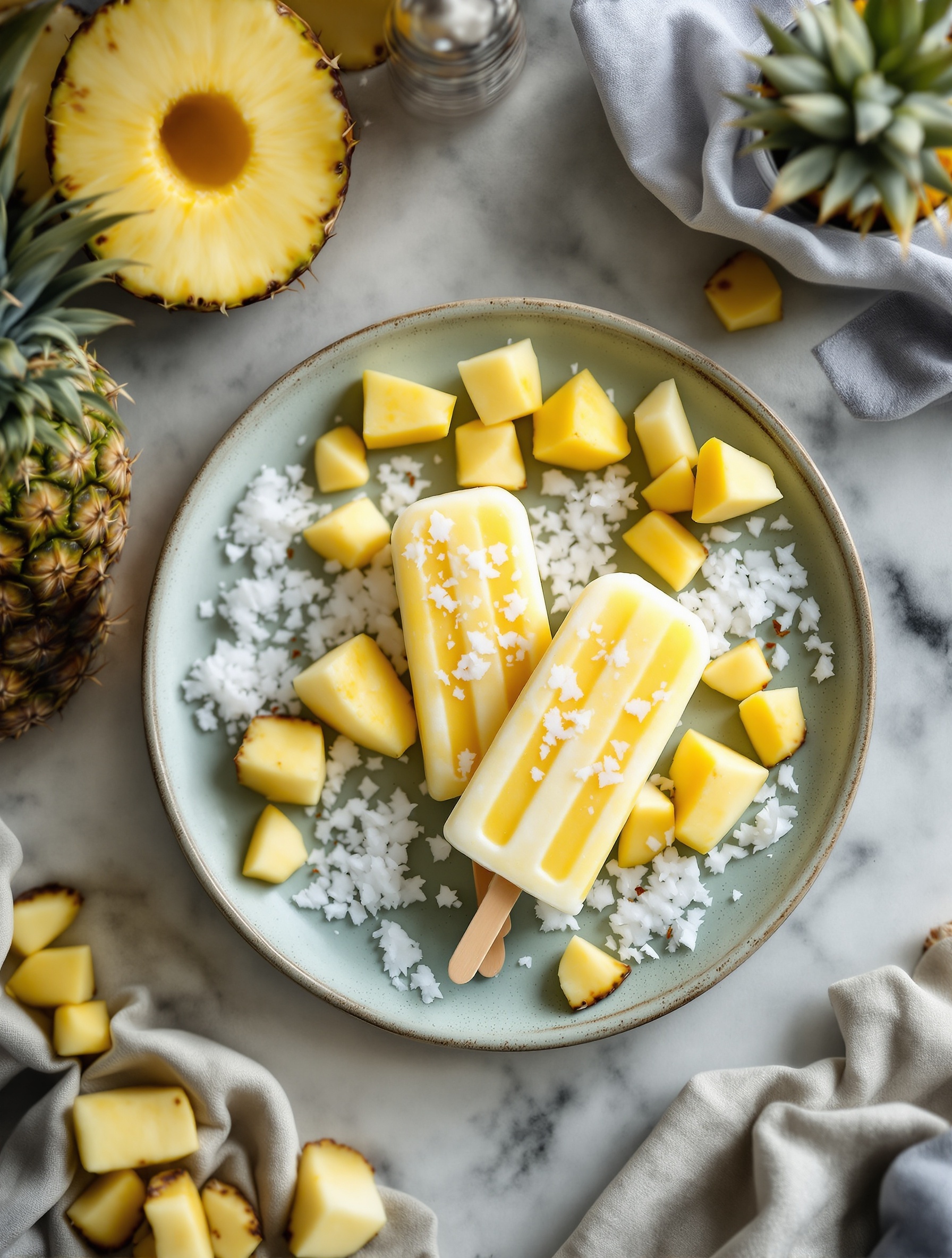 Pineapple coconut popsicles on a plate with fresh pineapple chunks and shredded coconut.