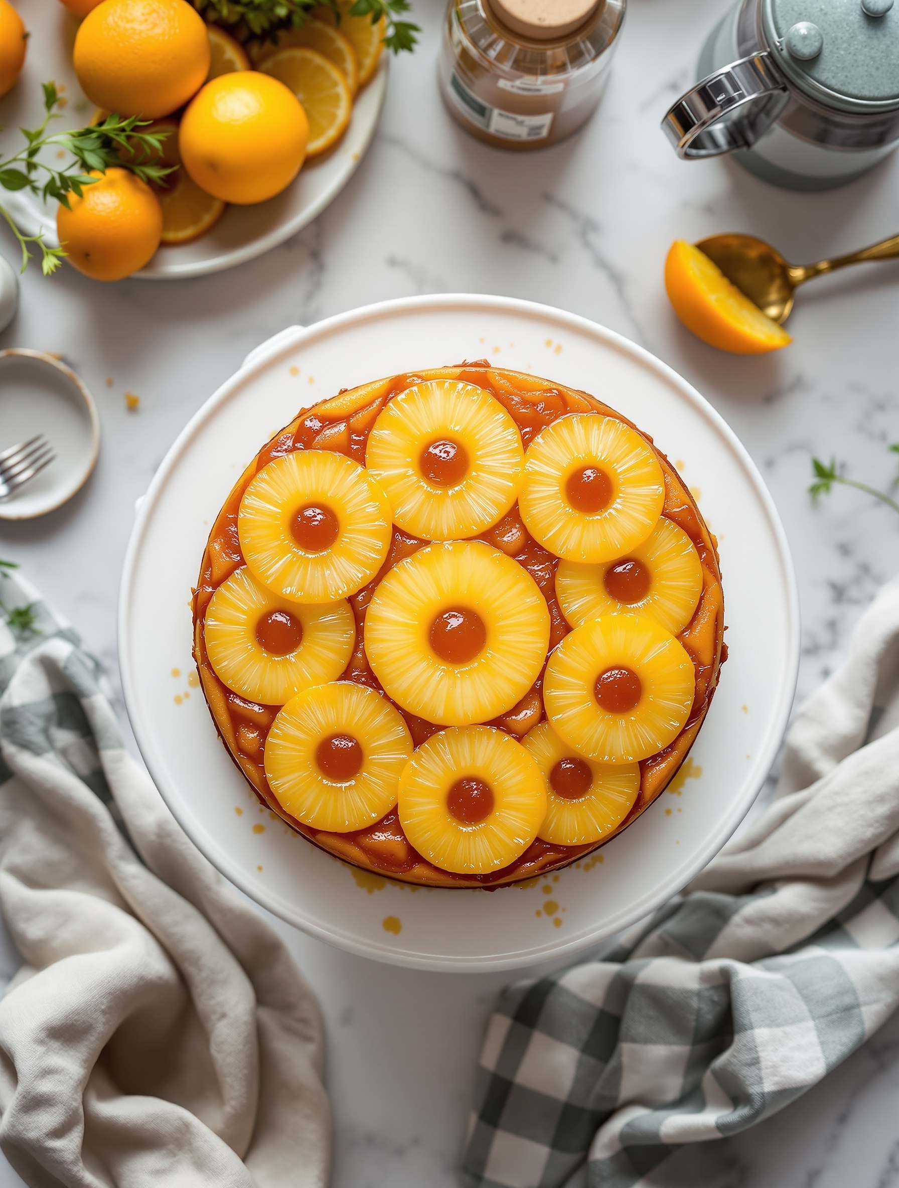A beautifully arranged pineapple upside-down cake topped with pineapple rings and cherries, surrounded by fresh oranges and lemons.