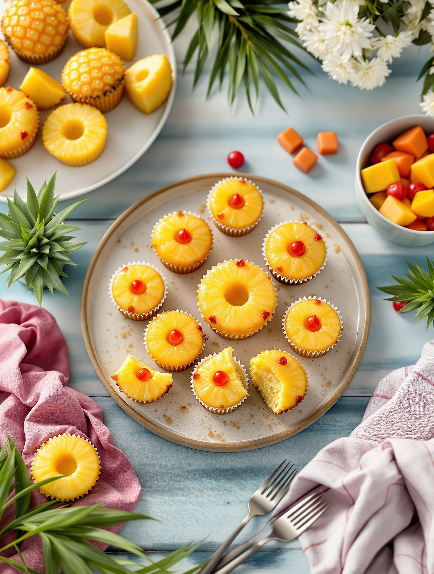 A plate of pineapple upside-down cupcakes with pineapple slices and cherries, surrounded by tropical decorations.