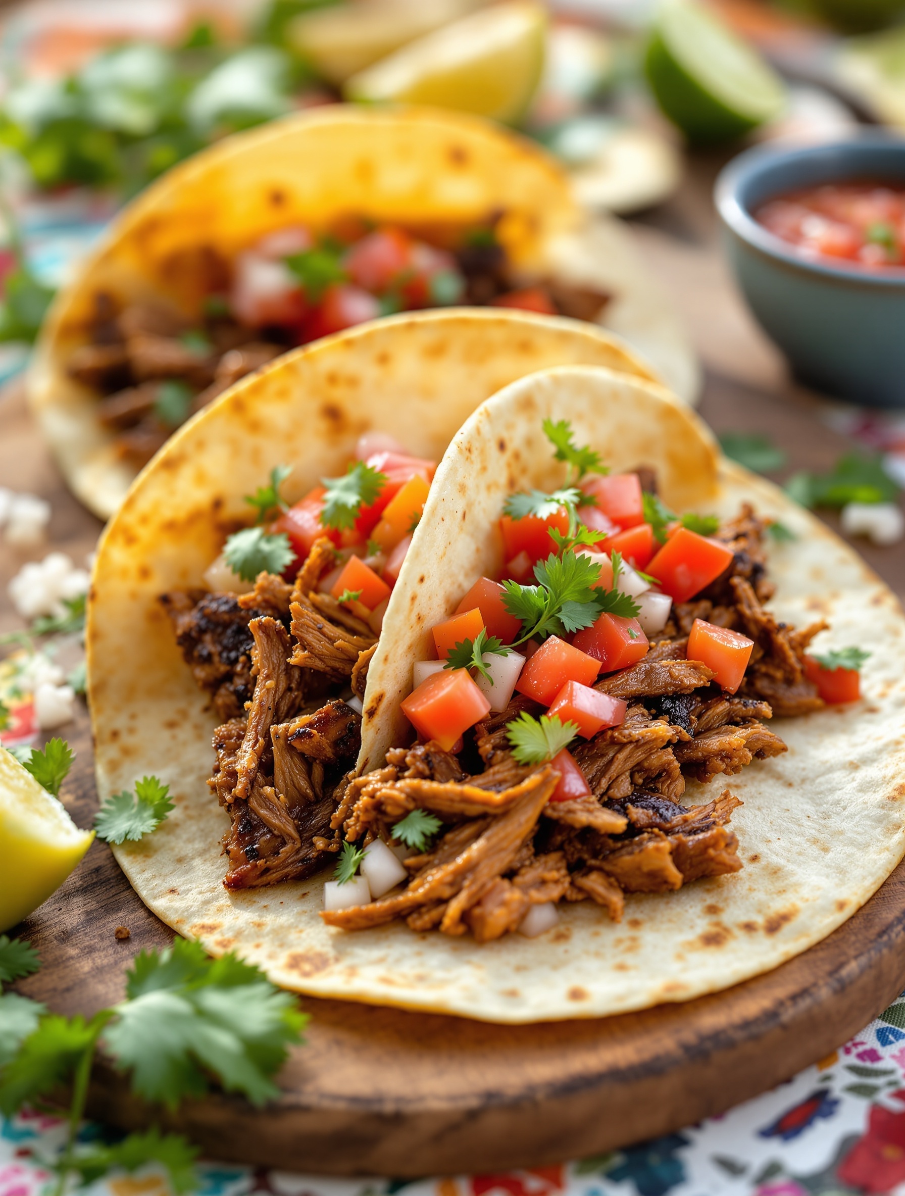 Pork carnitas tacos with fresh salsa, topped with cilantro and served with lime wedges.