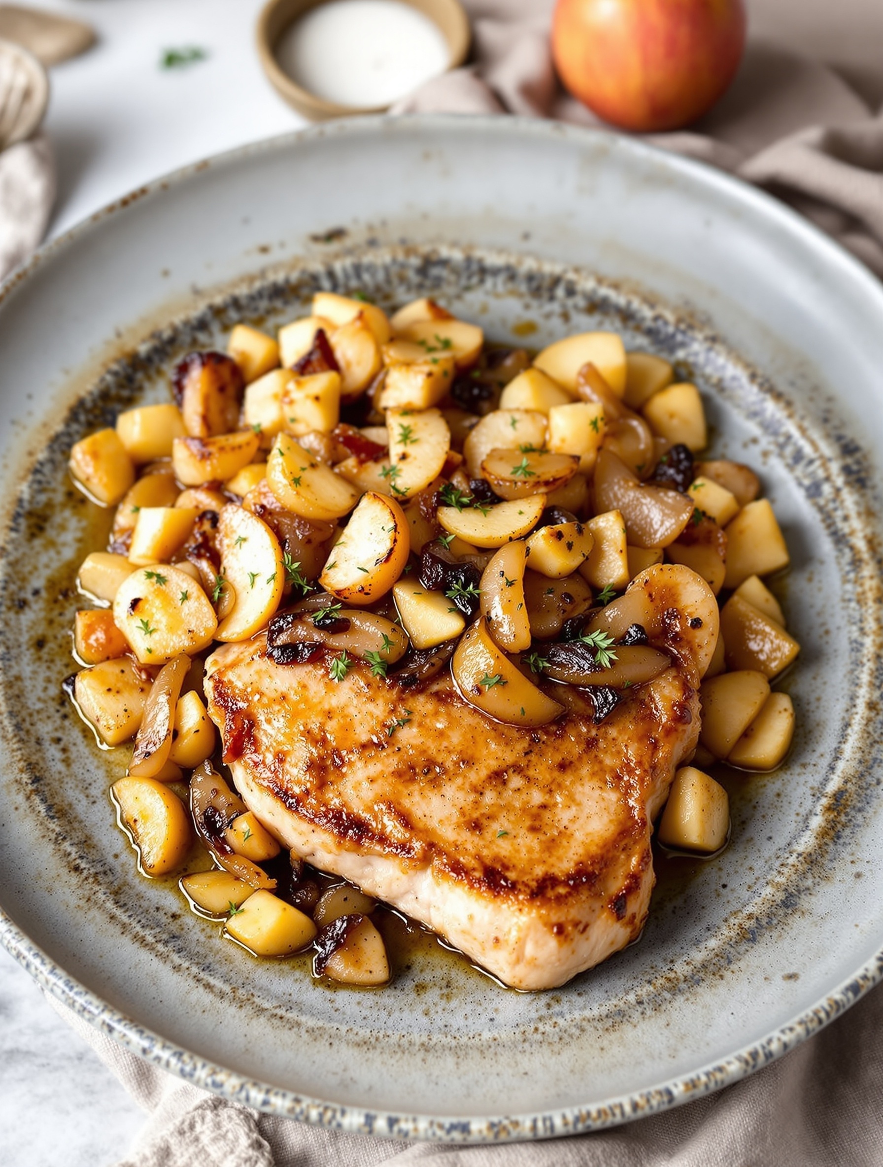 A plate of pork chops with sautéed apples and onions, garnished with herbs.