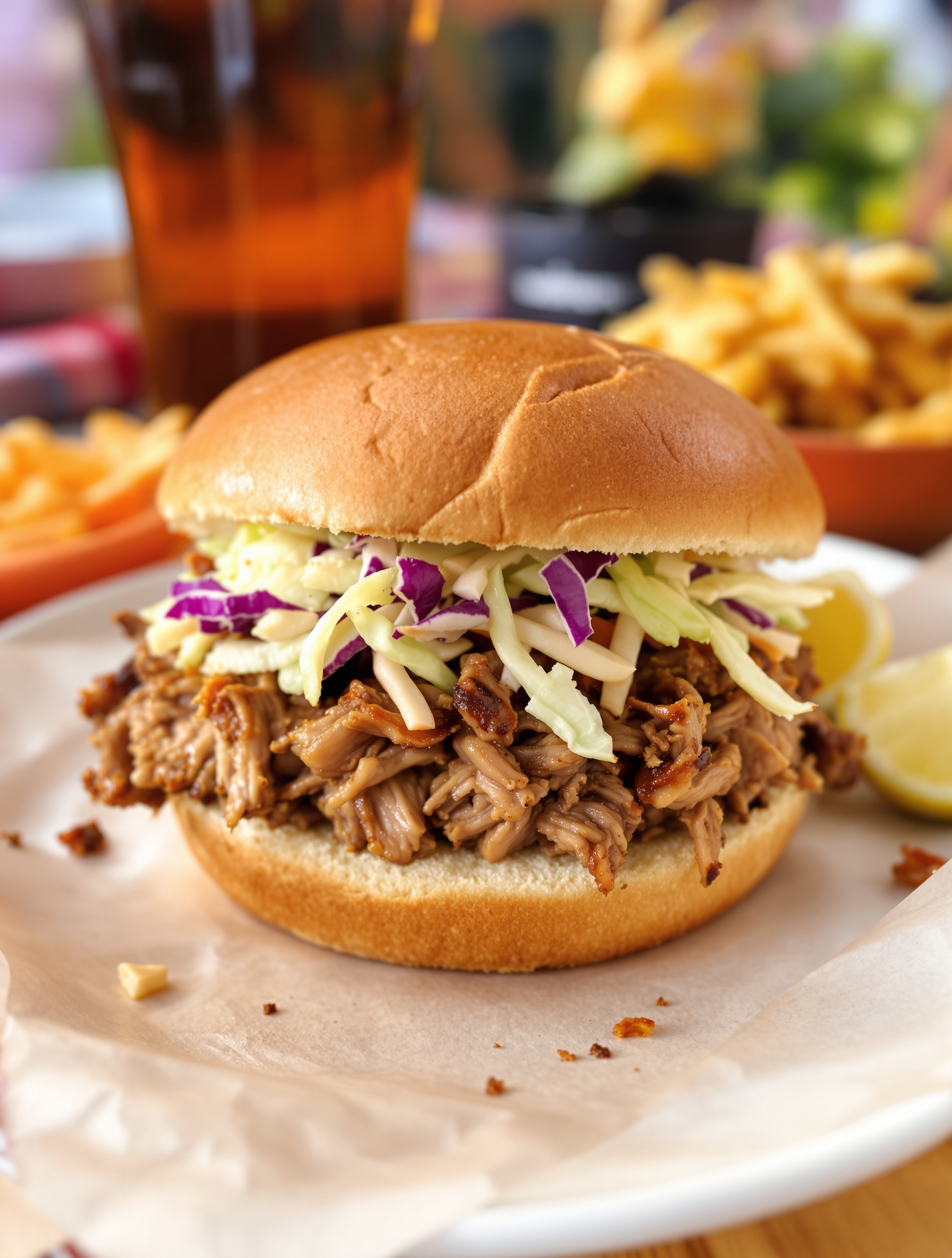 A delicious pulled pork sandwich with coleslaw on a plate, accompanied by fries.