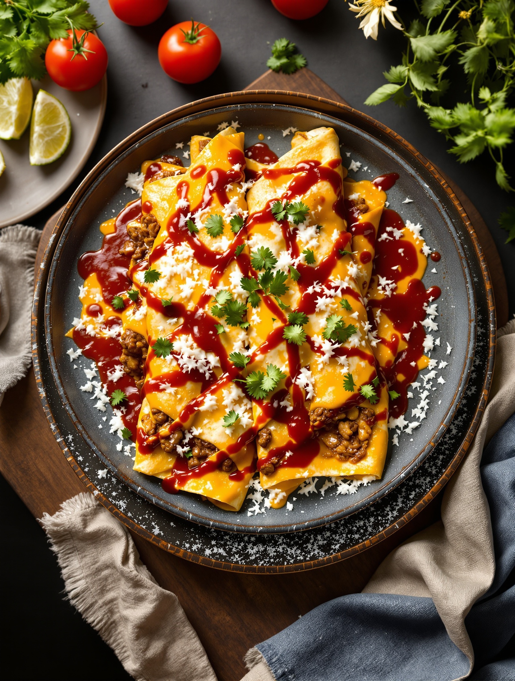 A plate of beef enchiladas topped with cheese, sauce, and garnished with cilantro, served with tomatoes and lime.