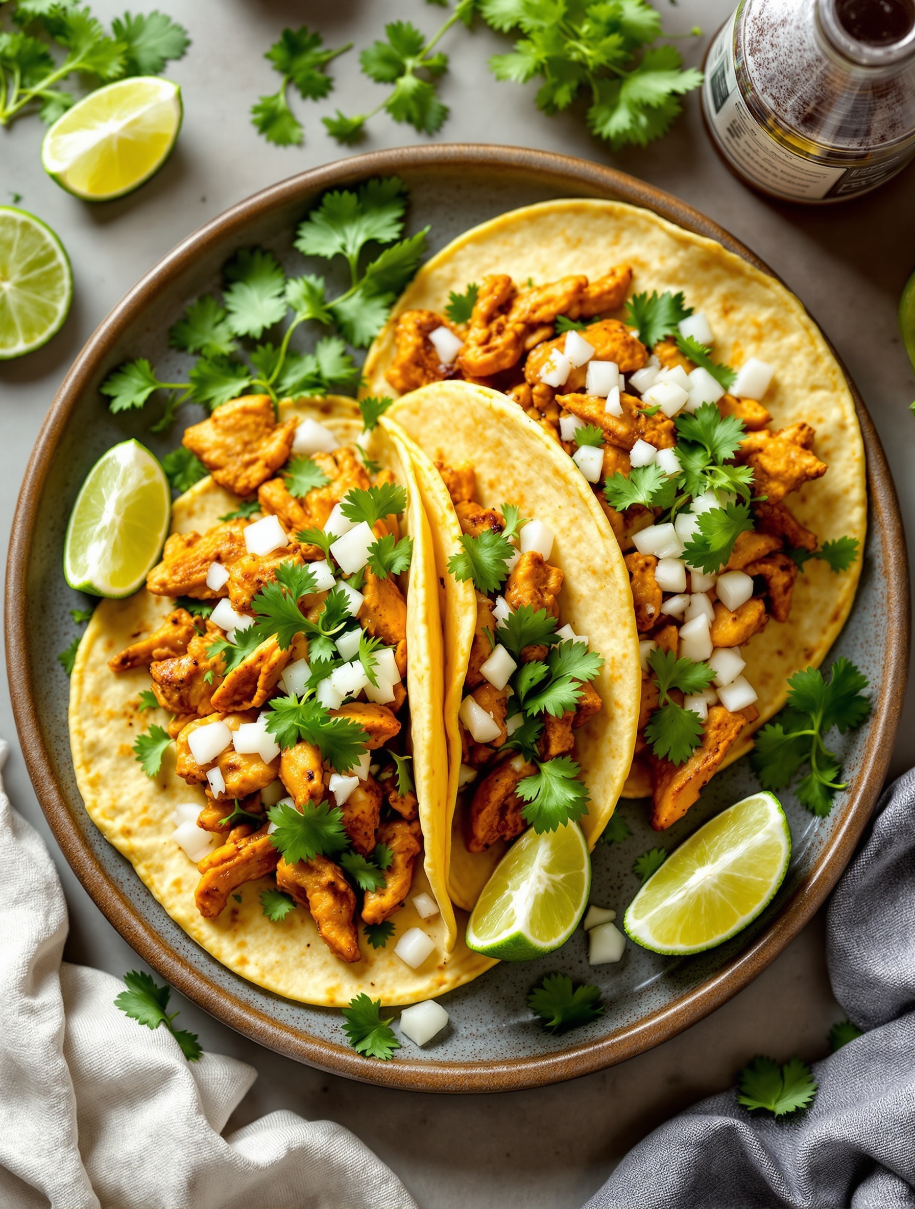 A plate of chicken tacos topped with cilantro and onions, served with lime wedges.