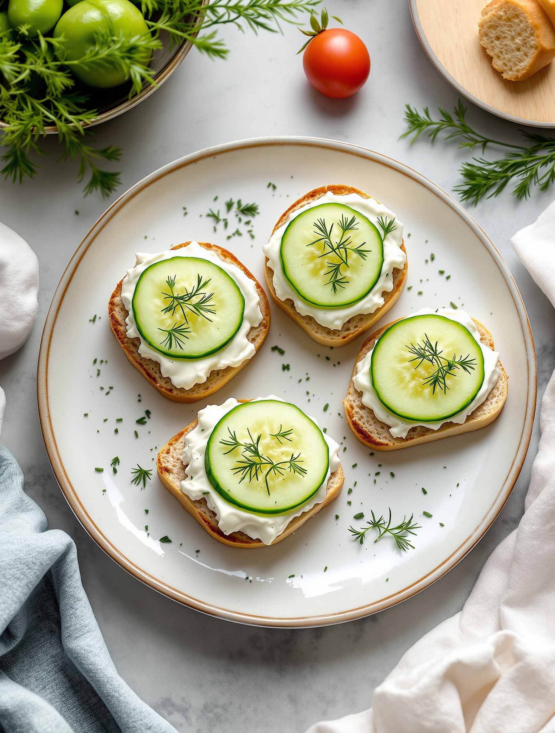 A plate of cucumber sandwiches topped with dill, served with fresh ingredients in the background.