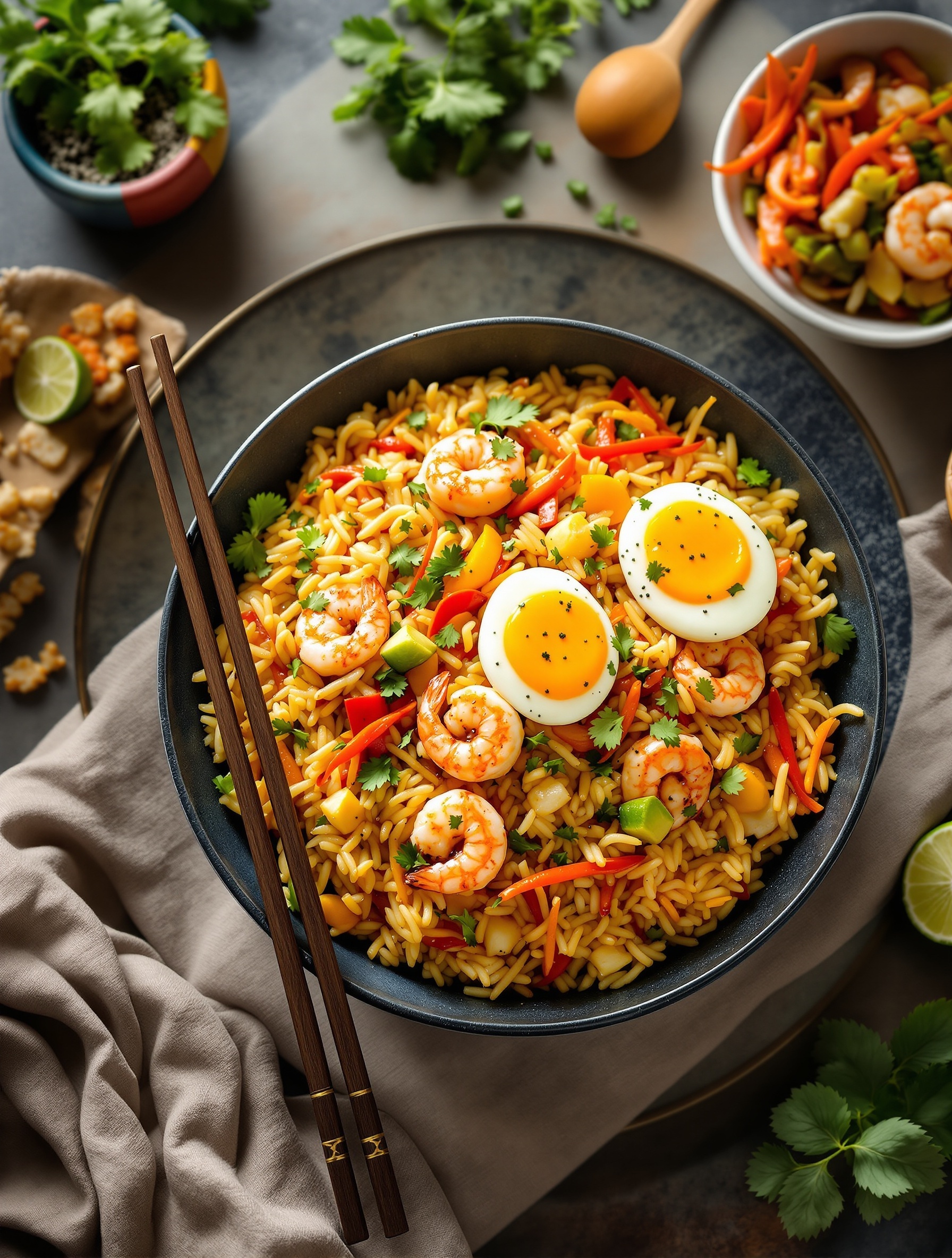 A bowl of shrimp fried rice with colorful vegetables and soft-boiled eggs, garnished with cilantro.