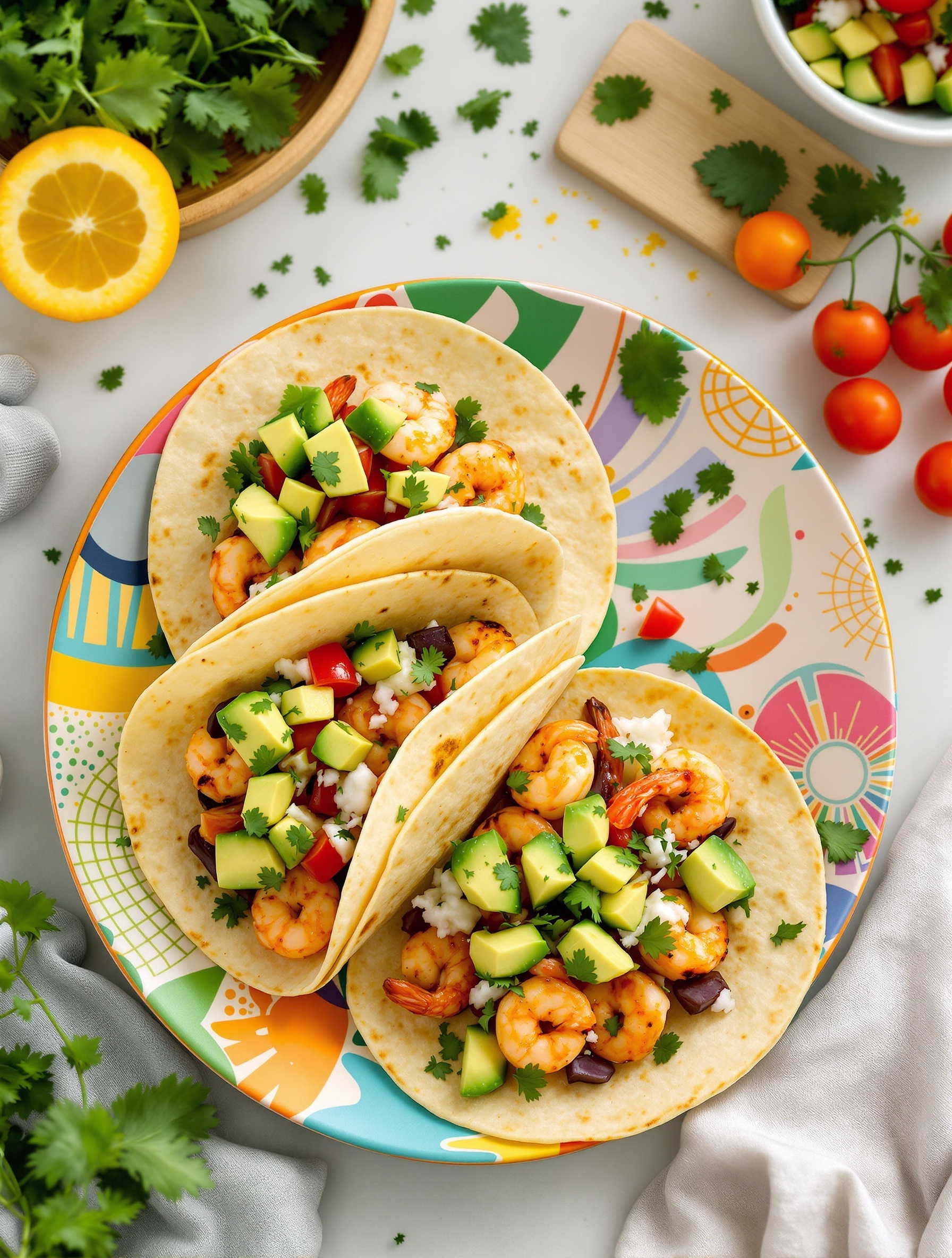 Three shrimp tacos topped with avocado salsa on a colorful plate, surrounded by fresh ingredients.
