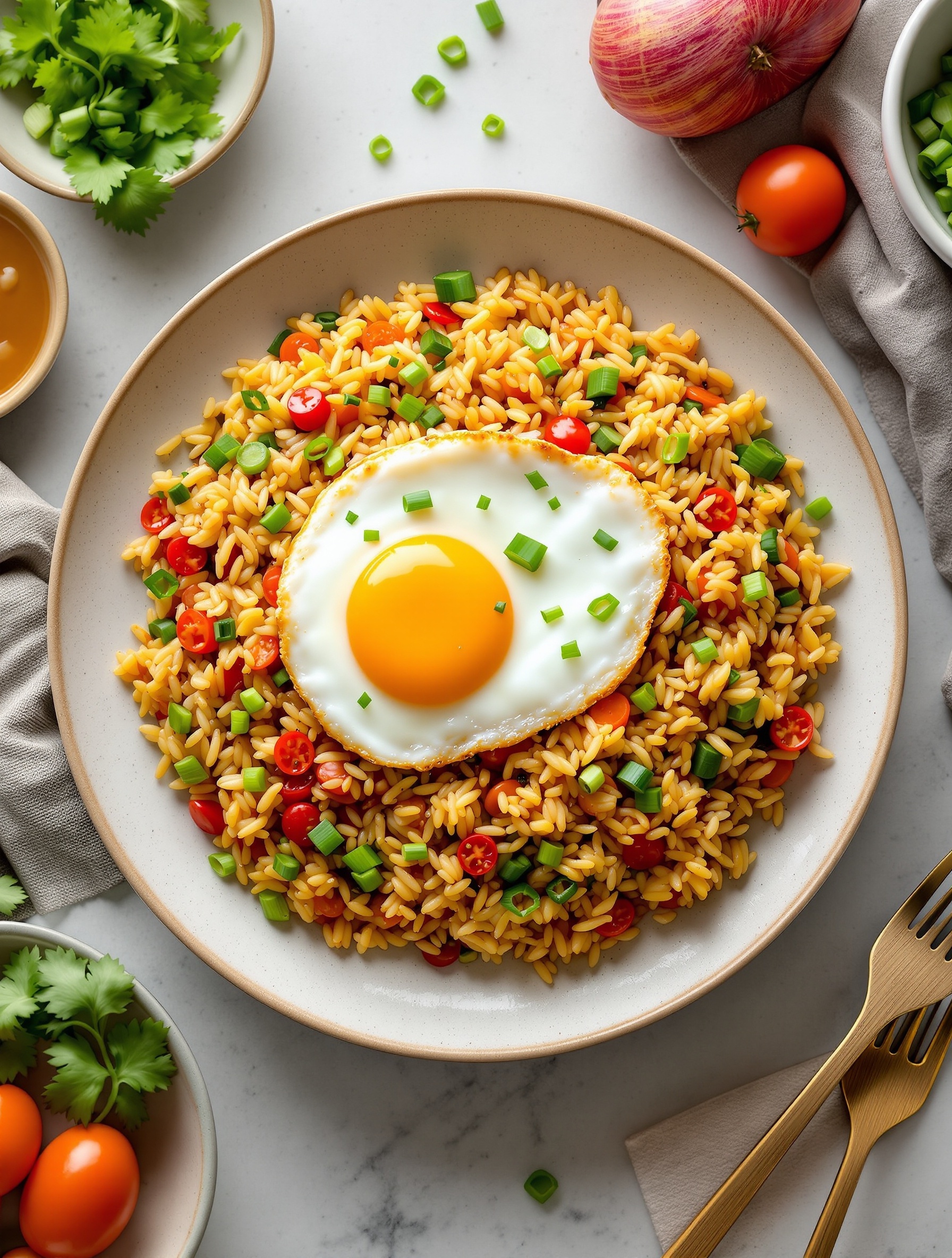 A plate of colorful vegetable fried rice topped with a fried egg, garnished with green onions and cilantro.