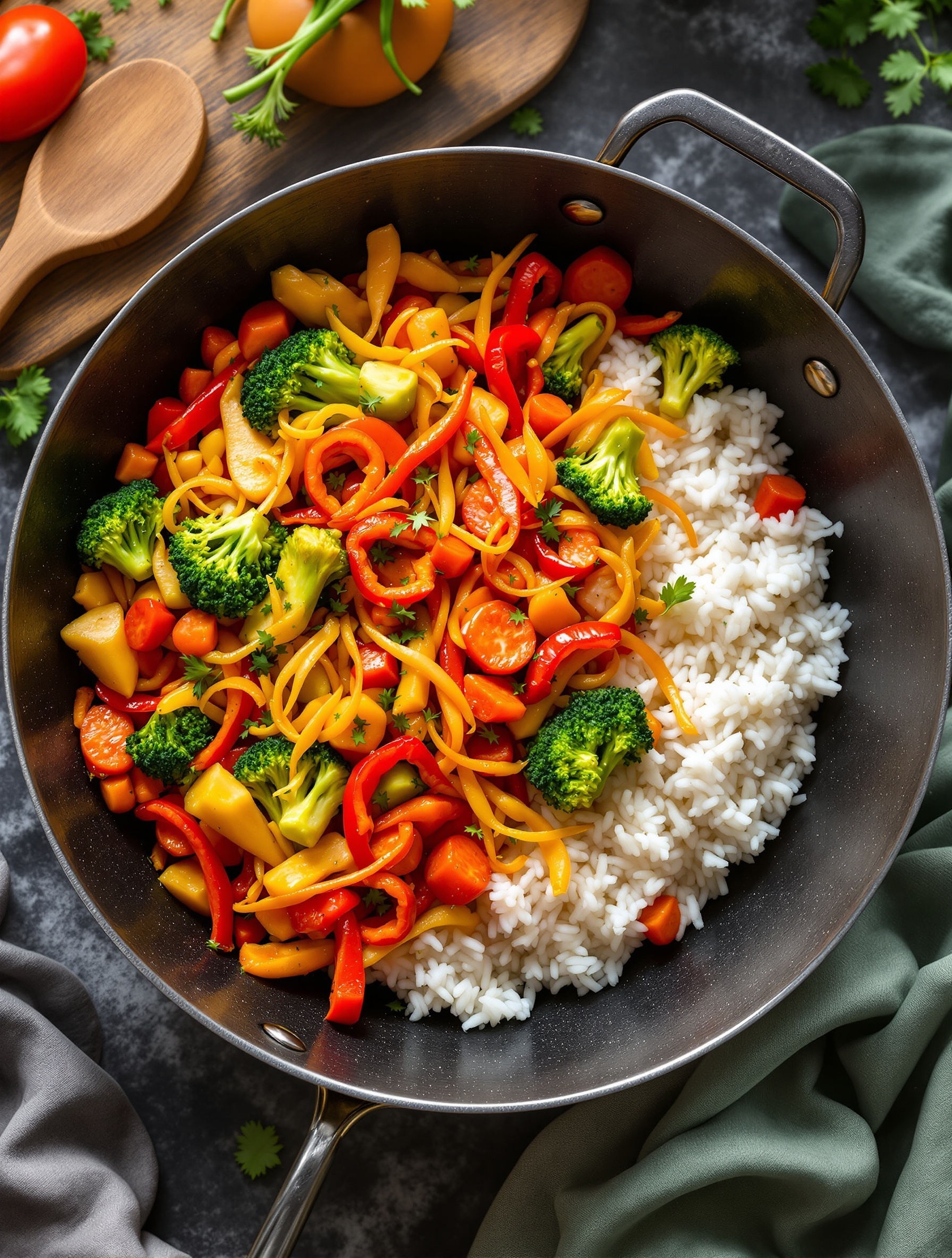 A colorful vegetable stir-fry with rice in a pan, featuring bell peppers, broccoli, and carrots.