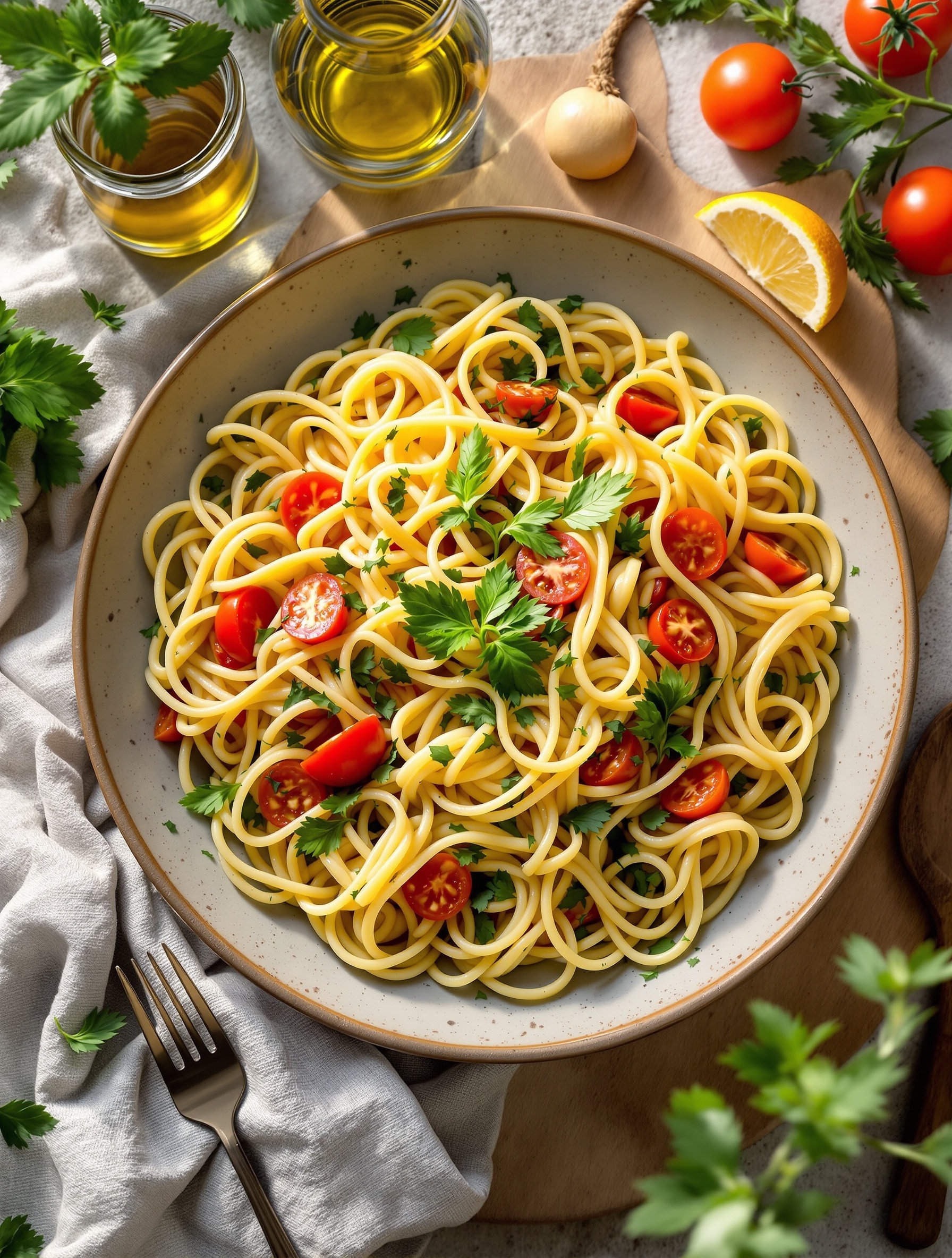 A bowl of spaghetti with cherry tomatoes and parsley, drizzled with olive oil.