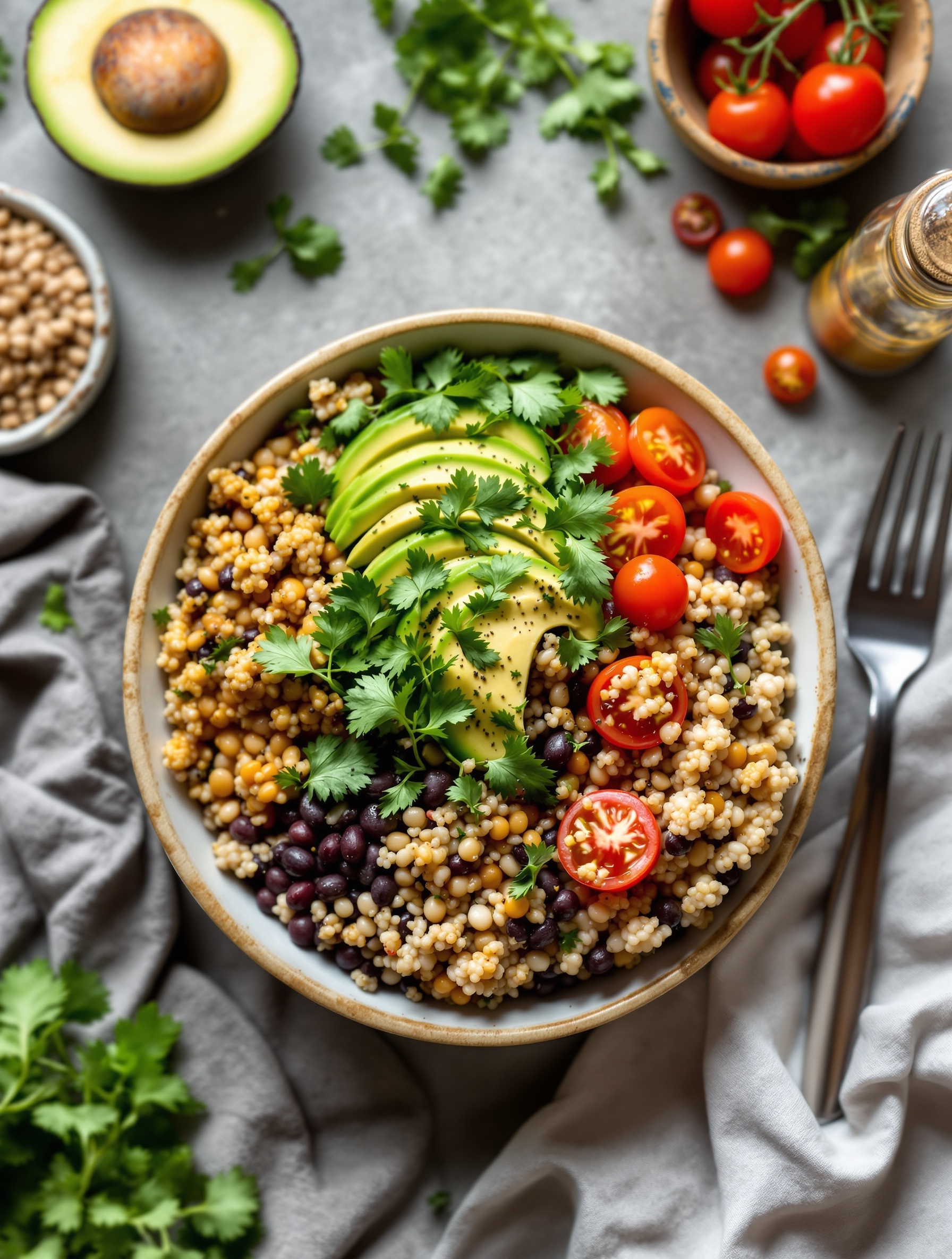 A vibrant Quinoa and Black Bean Power Bowl with avocado, cherry tomatoes, and cilantro.