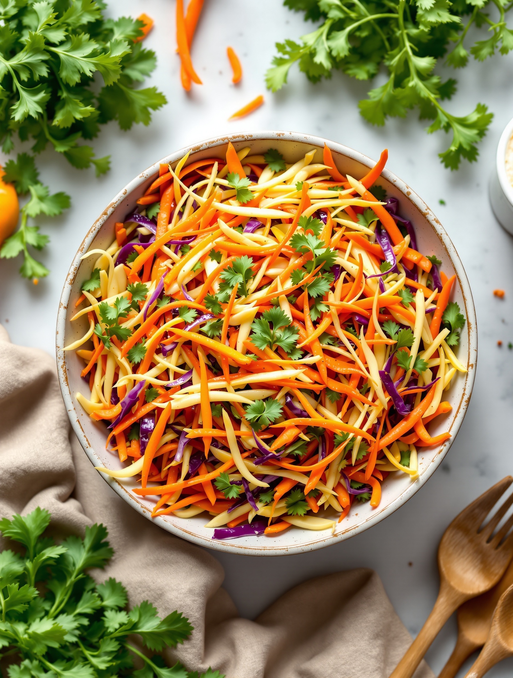 A colorful bowl of rainbow carrot and cabbage slaw garnished with cilantro.