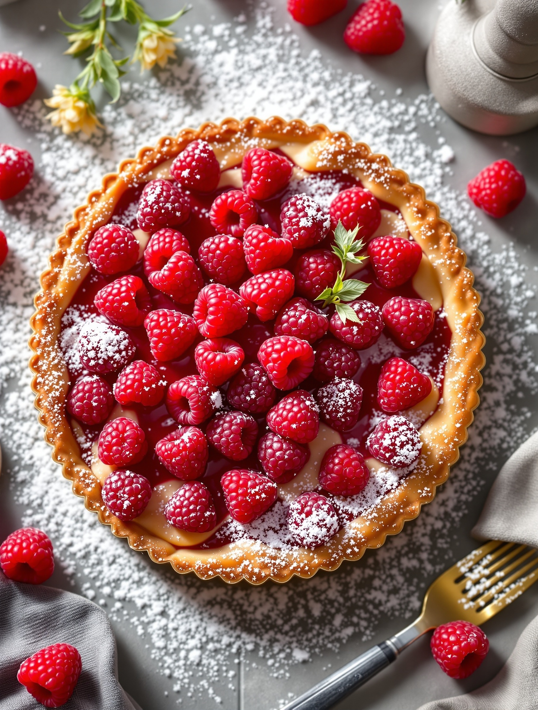 A beautifully arranged Raspberry Almond Tart topped with fresh raspberries and powdered sugar.