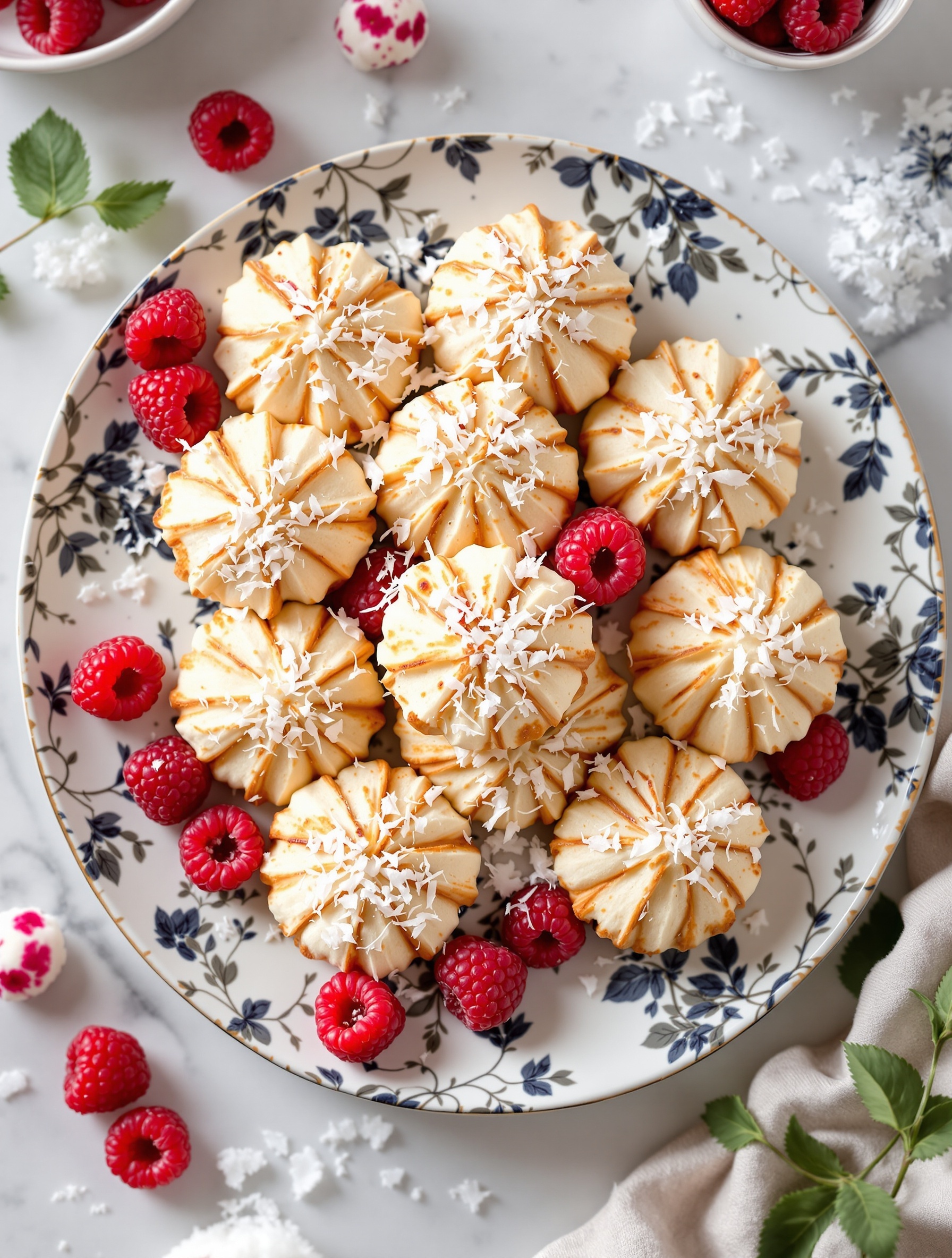 A plate of raspberry coconut macaroons garnished with fresh raspberries and shredded coconut.