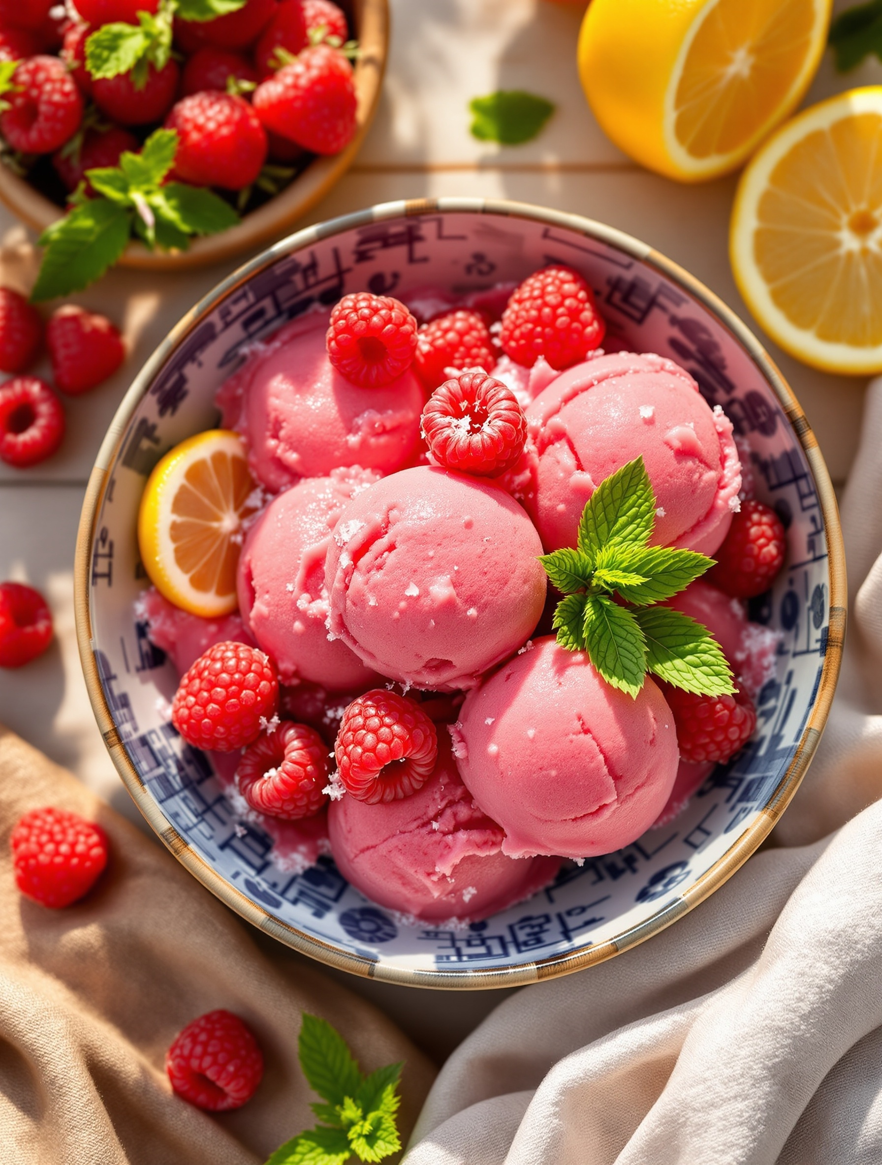 A bowl of raspberry lemon sorbet garnished with fresh raspberries and mint leaves, surrounded by lemons and more raspberries.