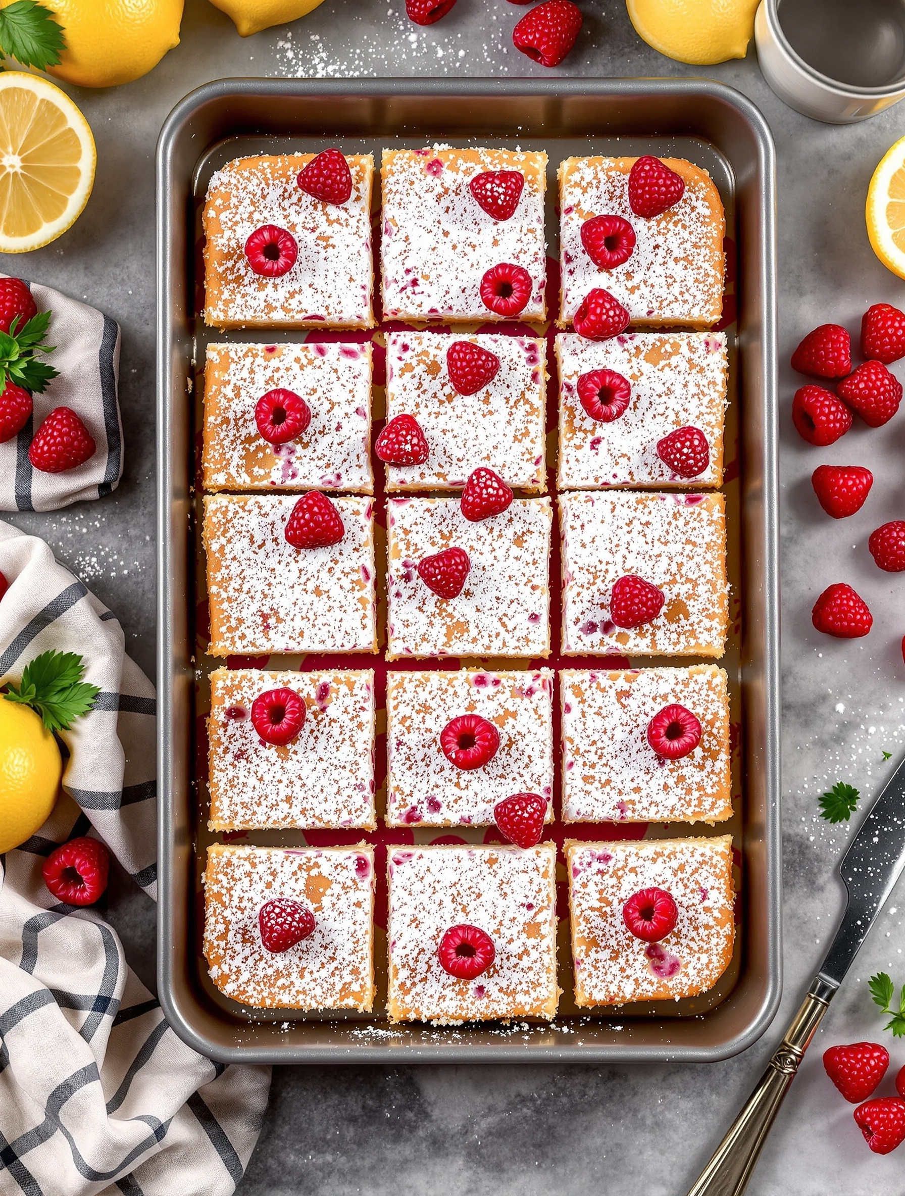 A tray of raspberry lemonade bars topped with raspberries and powdered sugar, surrounded by lemons and fresh raspberries.