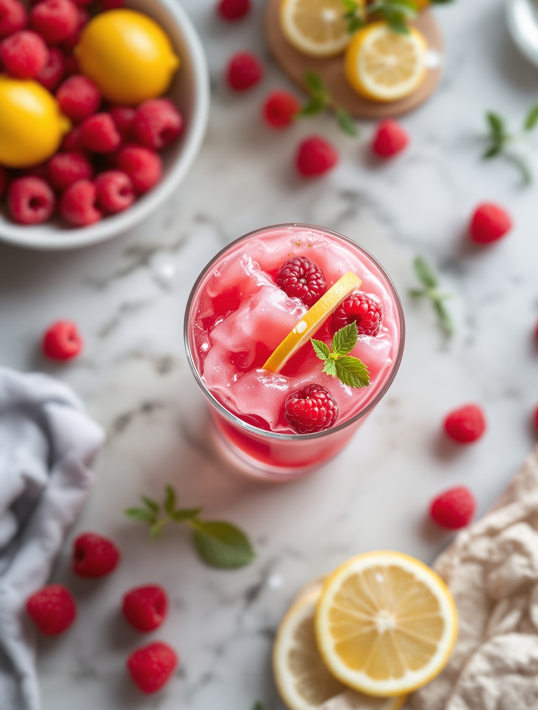 A refreshing Raspberry Lemonade Slush in a glass, garnished with raspberries and a lemon slice, surrounded by fresh raspberries and lemons.