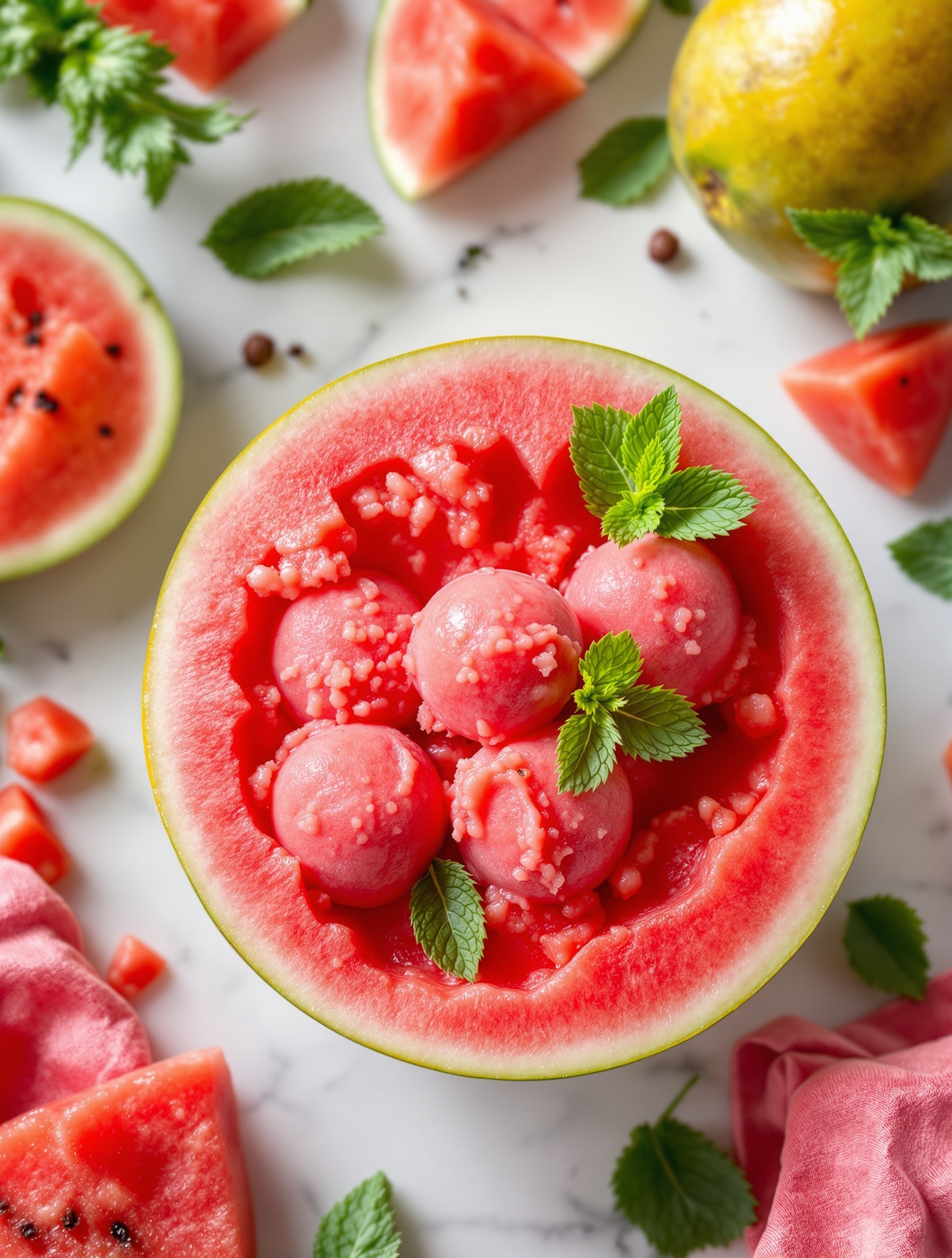 A bowl of watermelon sorbet in a hollowed-out watermelon, surrounded by fresh watermelon slices and mint leaves.