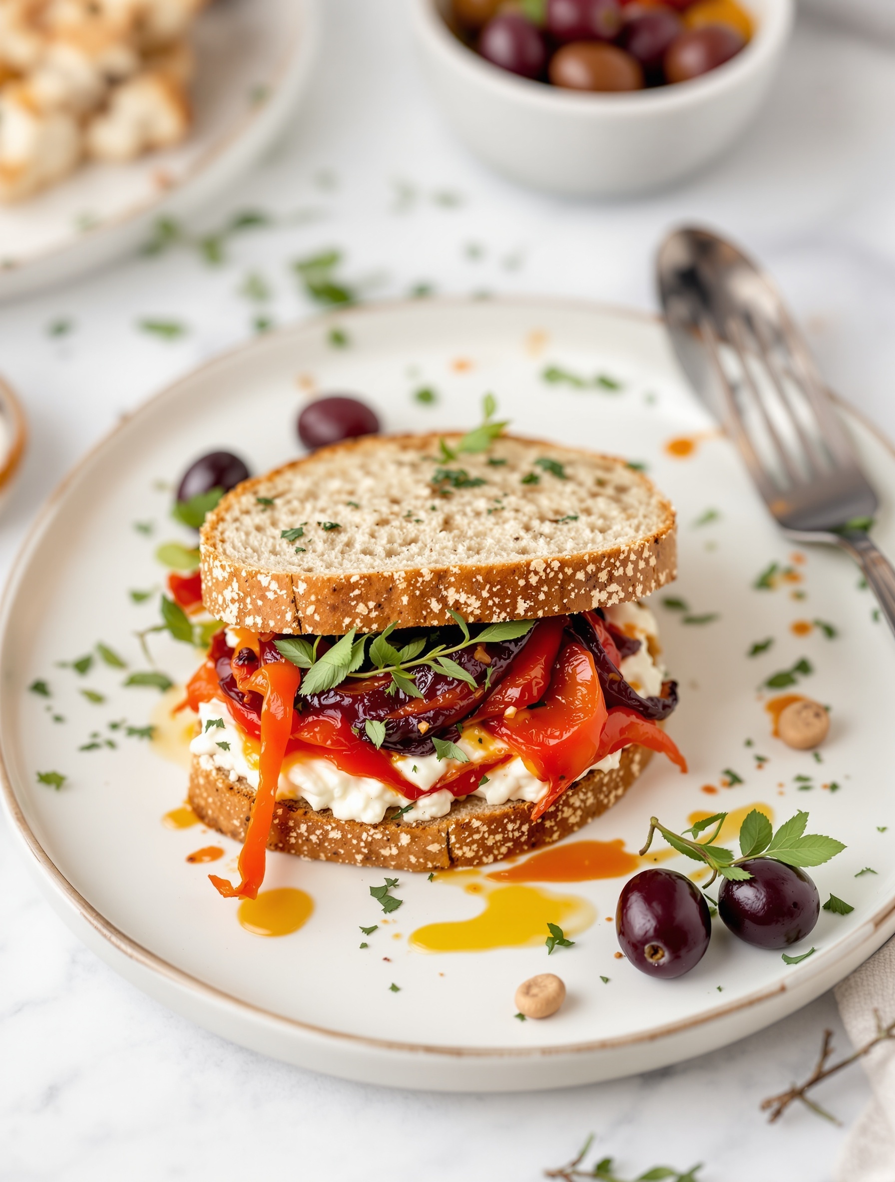 A delicious roasted red pepper and goat cheese sandwich on whole grain bread, garnished with fresh herbs and served with olives.