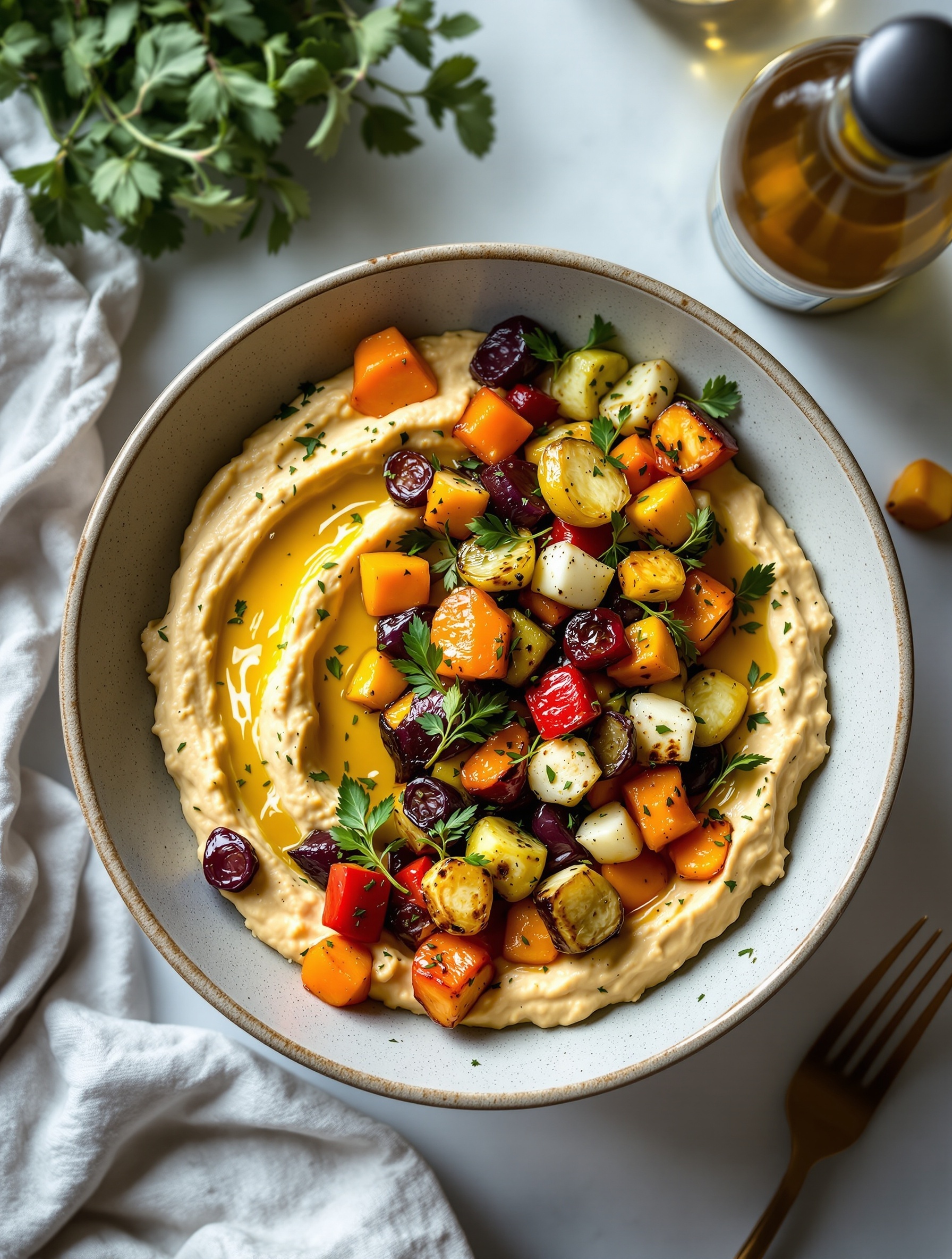 A colorful bowl filled with roasted vegetables on creamy hummus, garnished with fresh herbs.