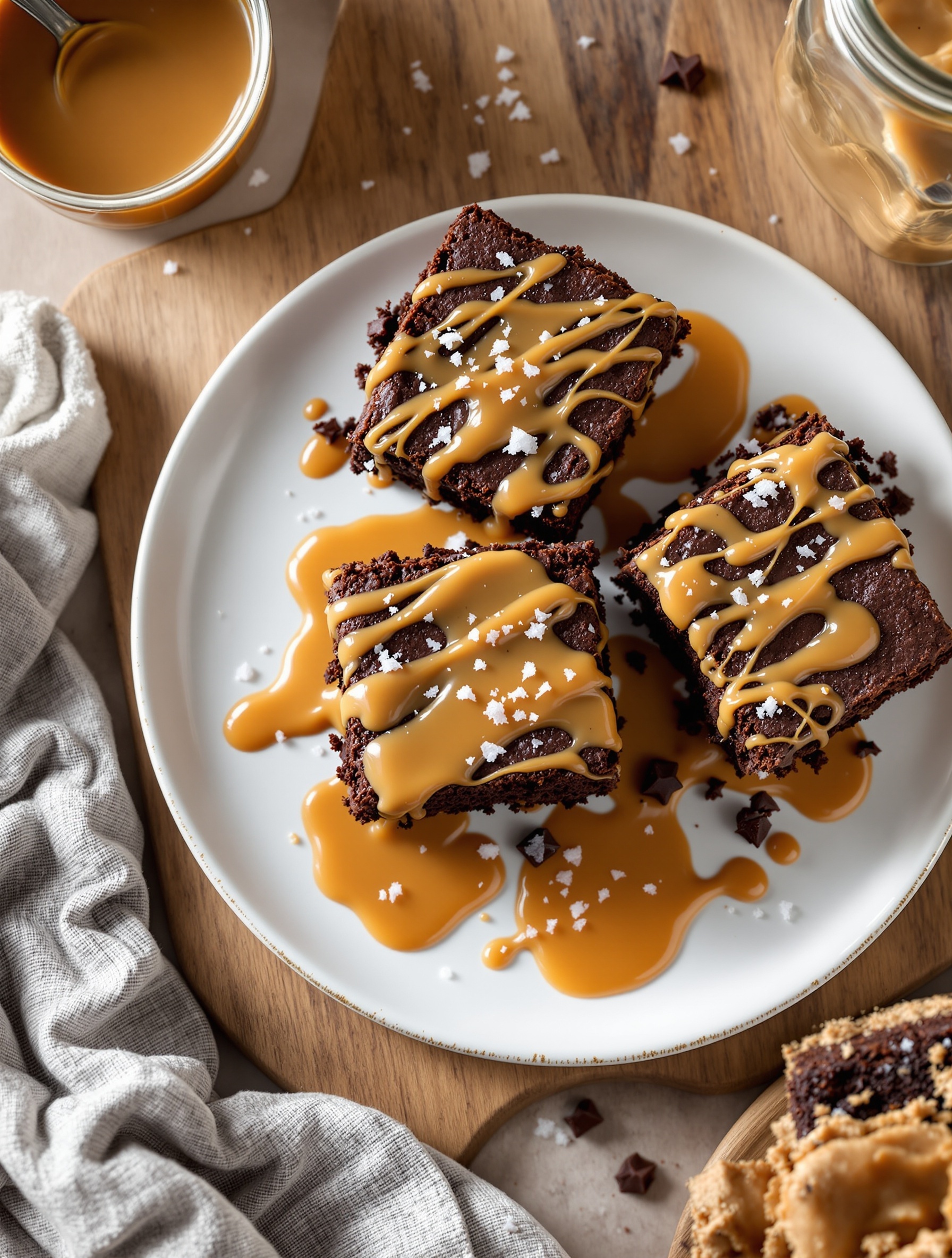 Delicious salted caramel brownies drizzled with caramel sauce and sprinkled with sea salt on a white plate.