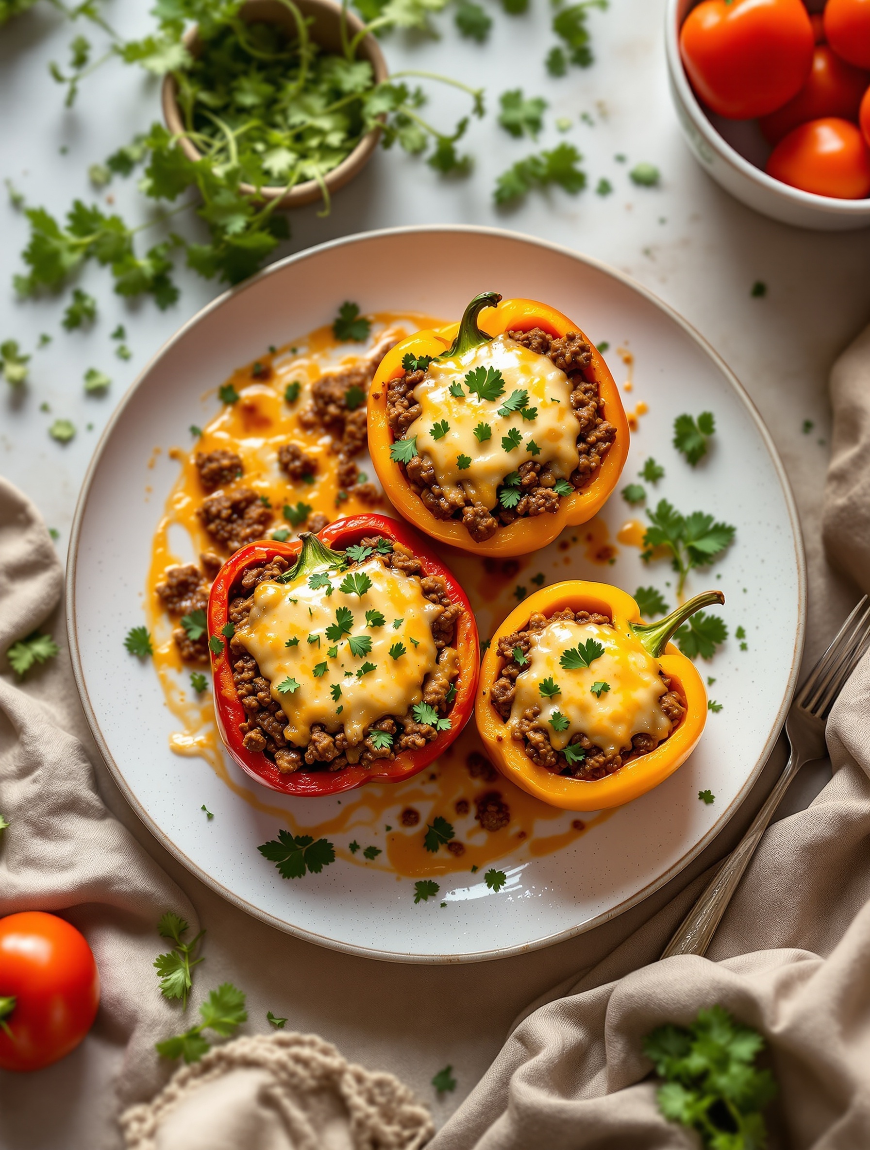 Colorful stuffed peppers filled with ground beef and cheese, garnished with cilantro.