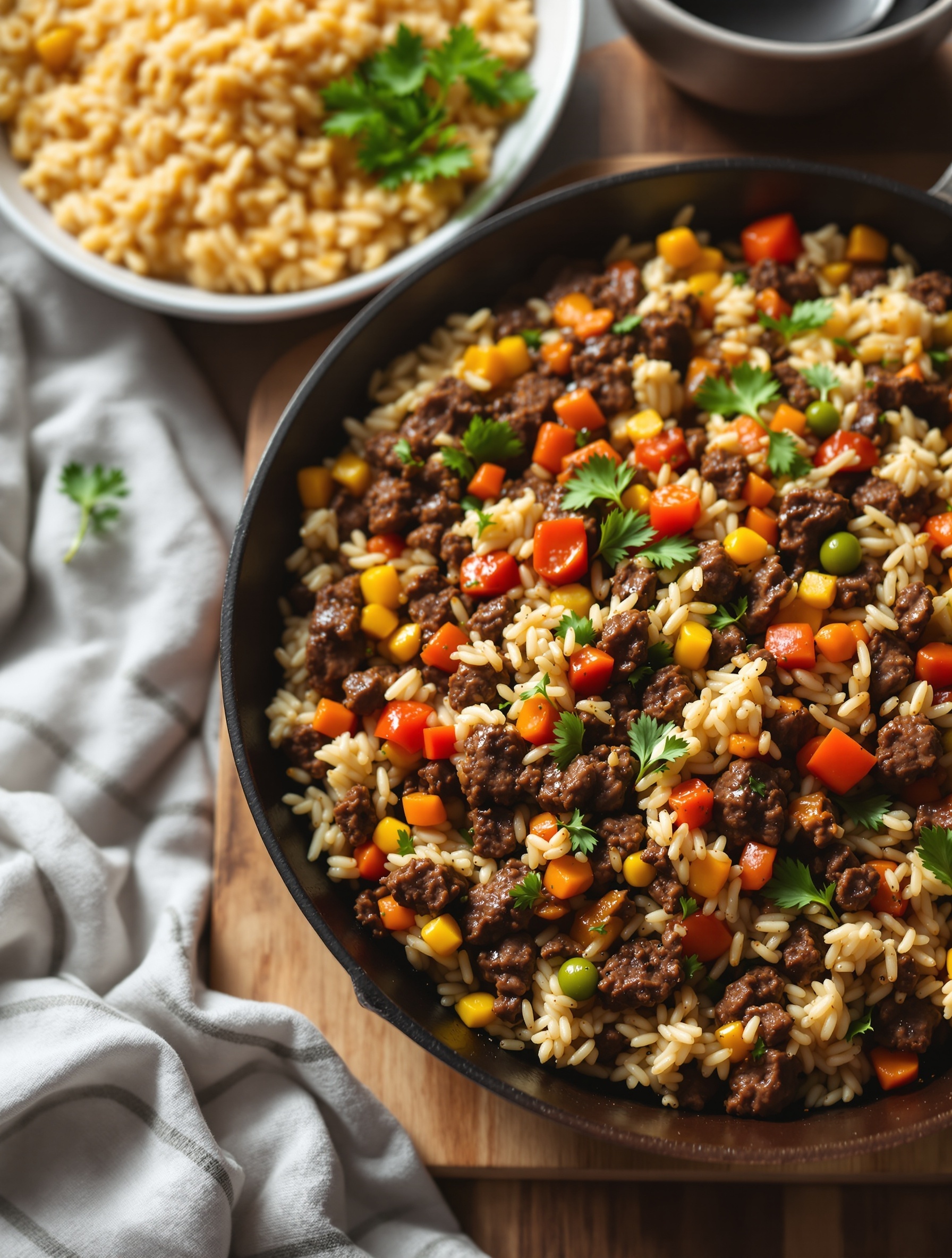 A skillet filled with beef and rice, garnished with cilantro and colorful vegetables.