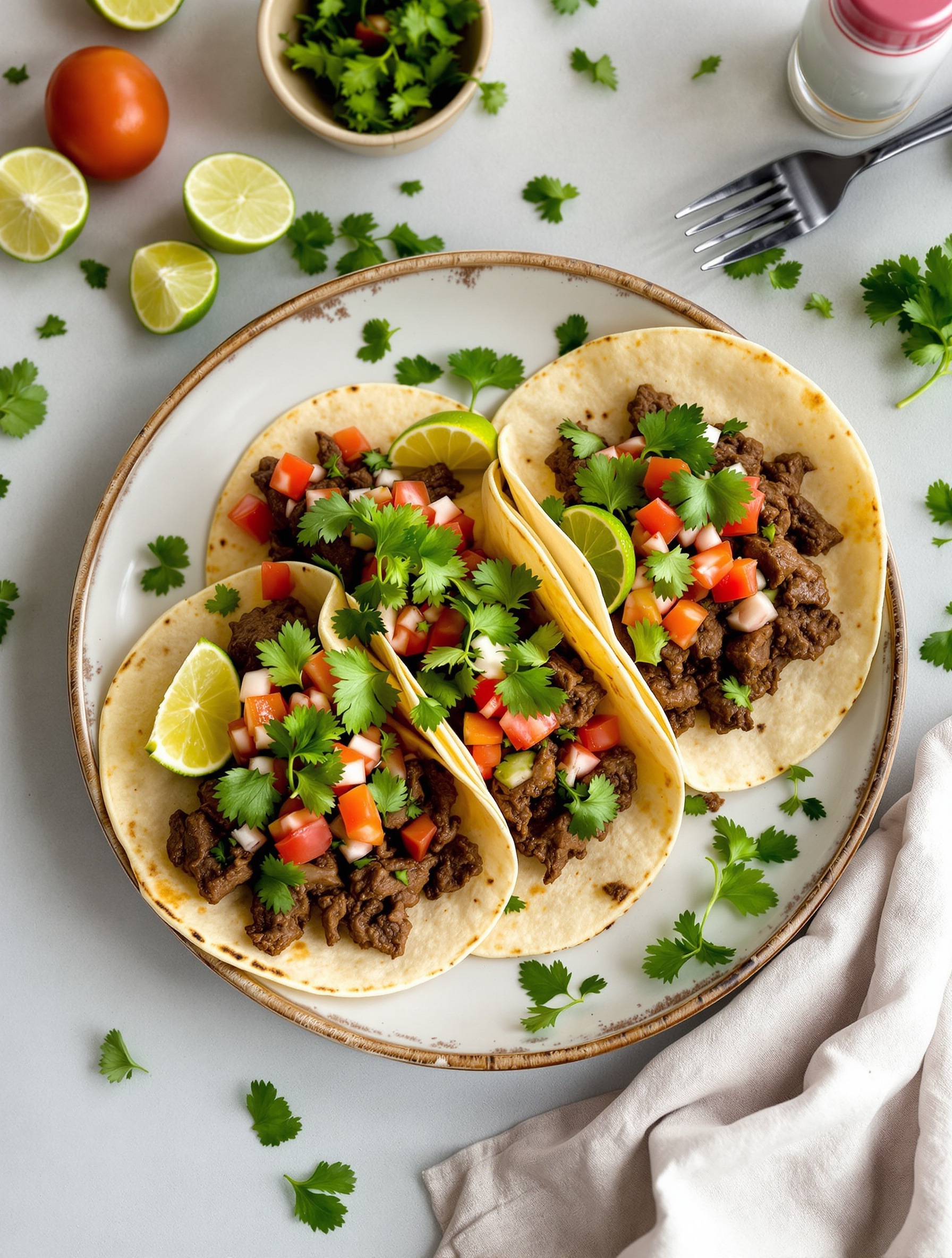Three beef tacos topped with fresh salsa and cilantro, served with lime wedges.