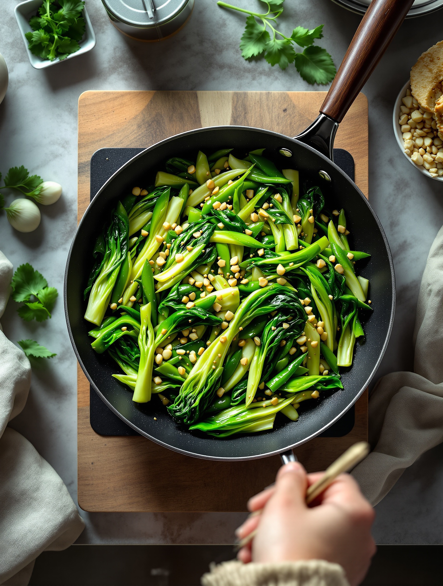 A vibrant stir fry featuring bok choy and snow peas in a skillet, garnished with pine nuts.