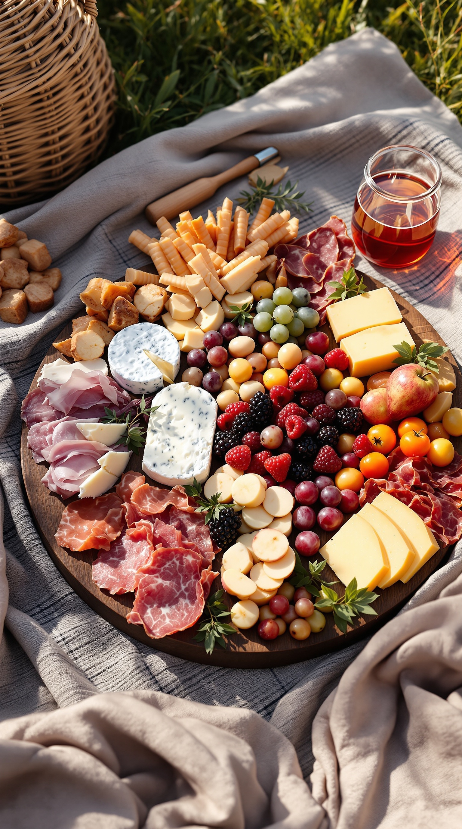 A beautifully arranged cheese and charcuterie board with various cheeses, meats, fruits, and crackers on a picnic blanket.
