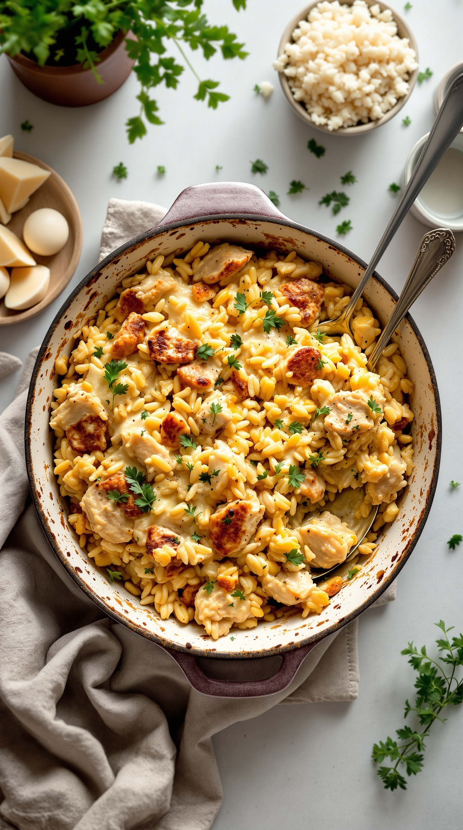 A creamy chicken and rice casserole topped with fresh herbs, served in a baking dish.
