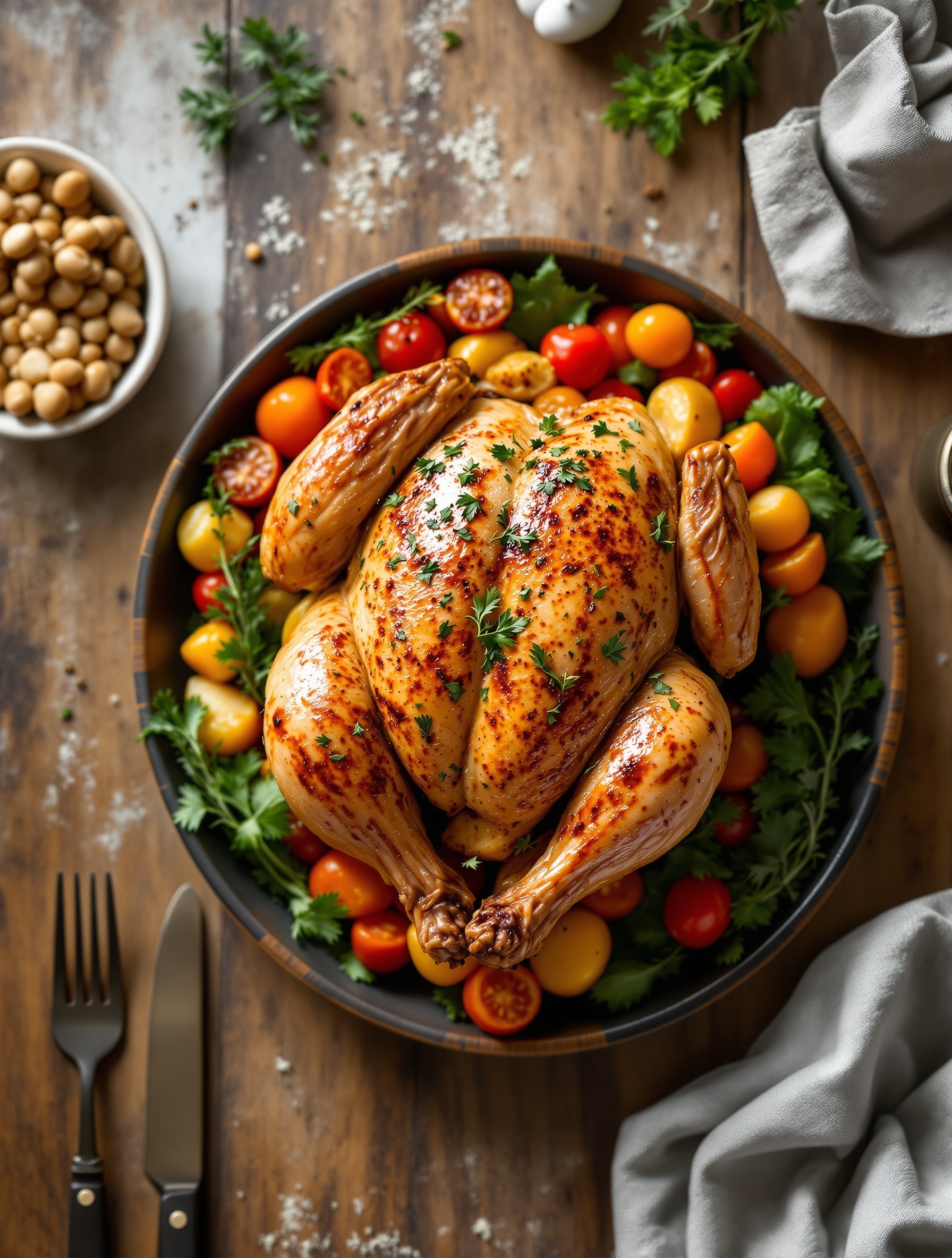 A beautifully roasted chicken on a bed of cherry tomatoes and greens, garnished with herbs.