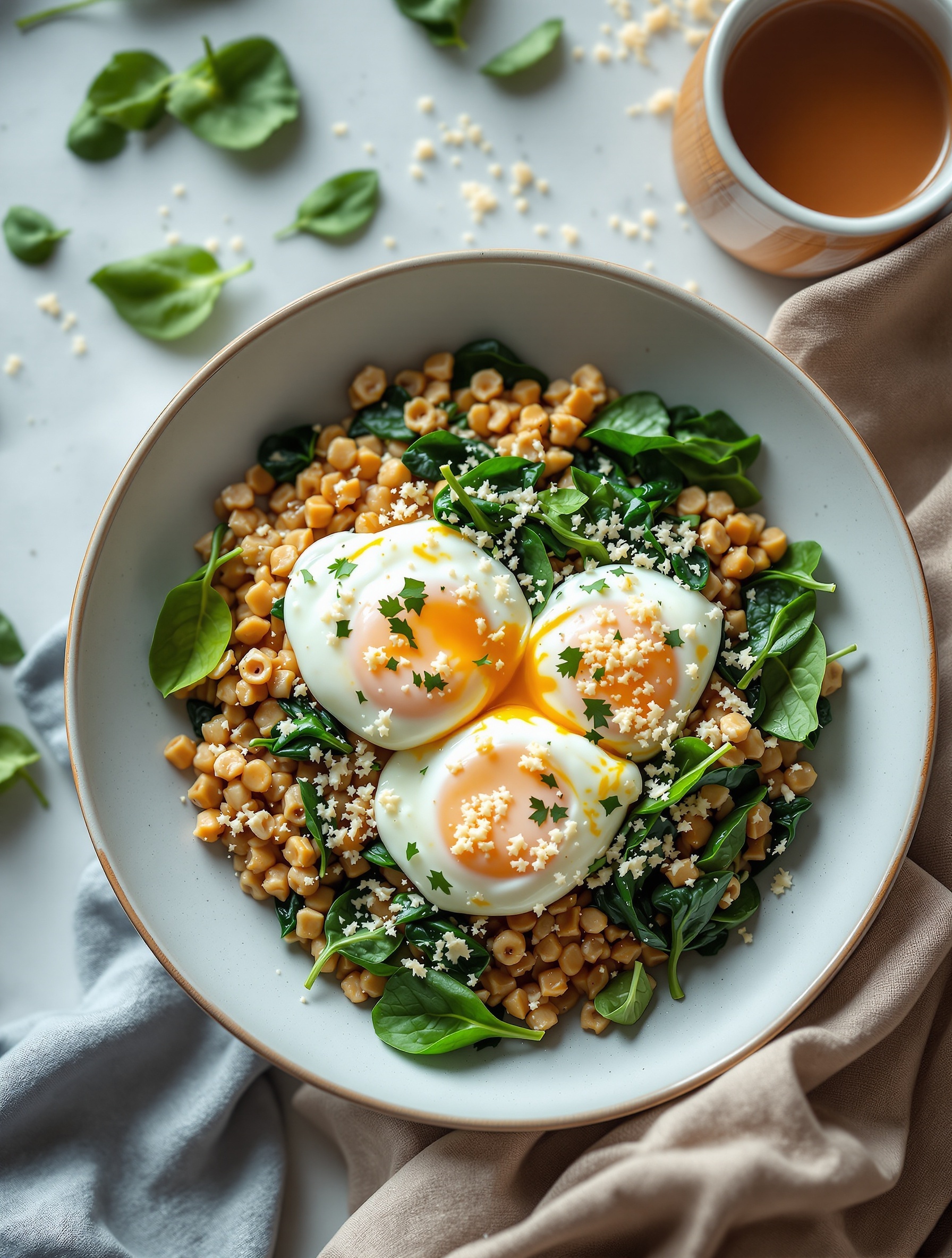 A savory oatmeal breakfast bowl with poached eggs, spinach, and corn.