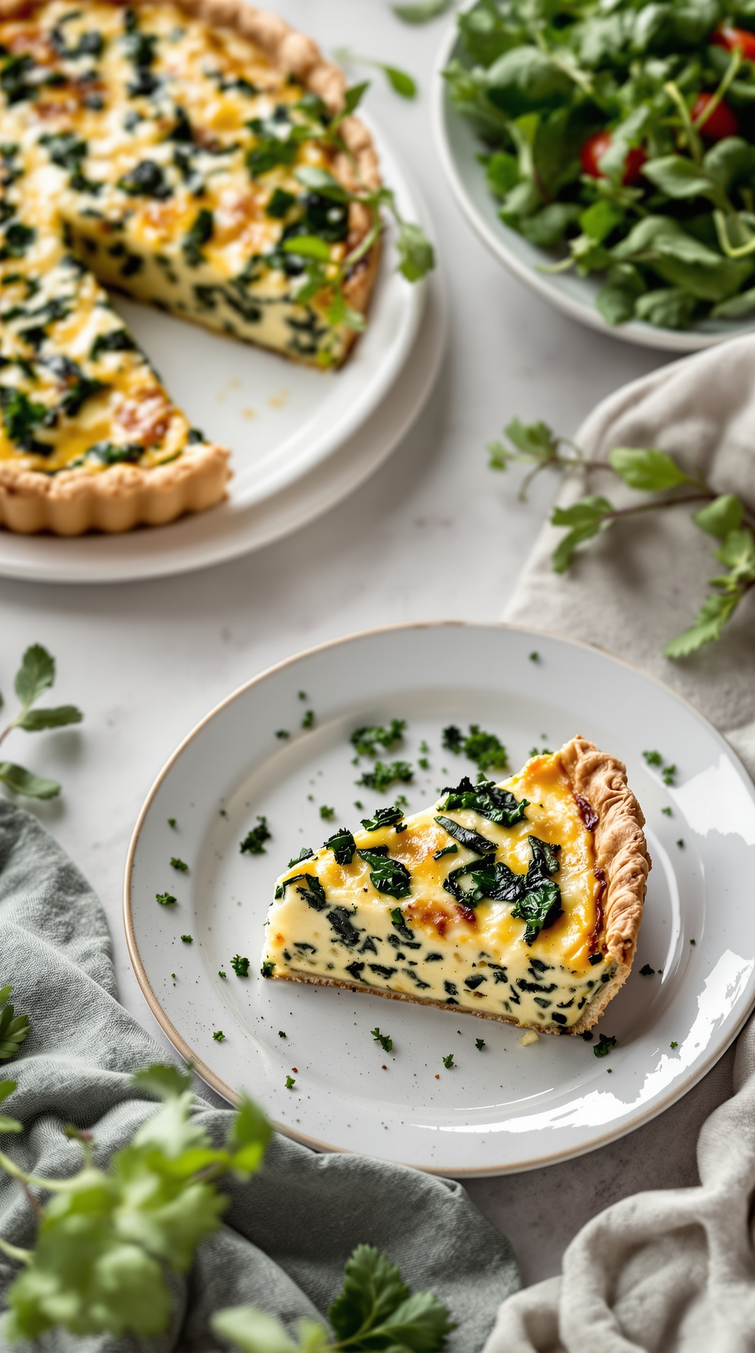 A slice of savory quiche with spinach and cheese on a plate, with a whole quiche in the background.