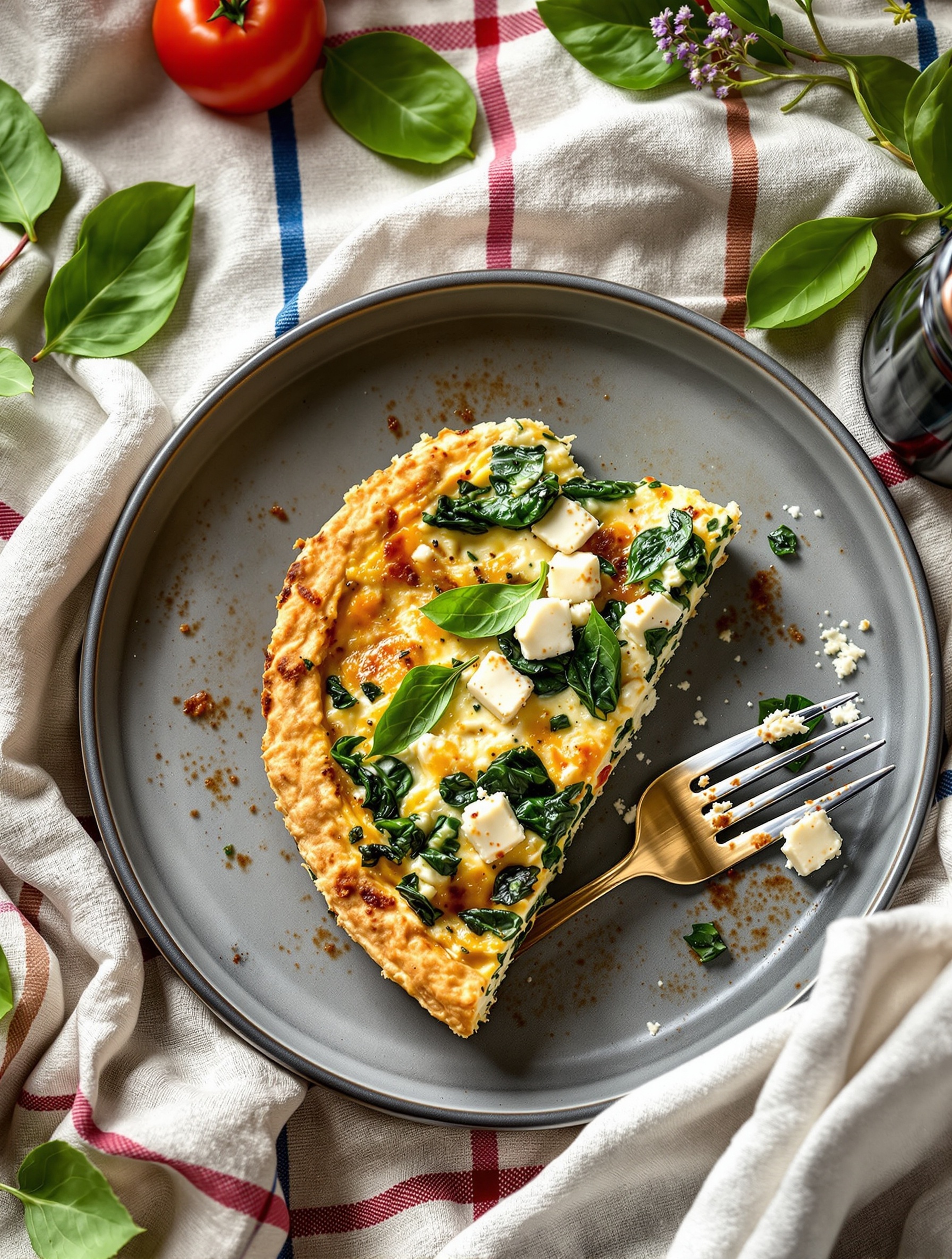 A slice of savory quiche with spinach and feta on a gray plate, surrounded by fresh basil leaves and a ripe tomato.