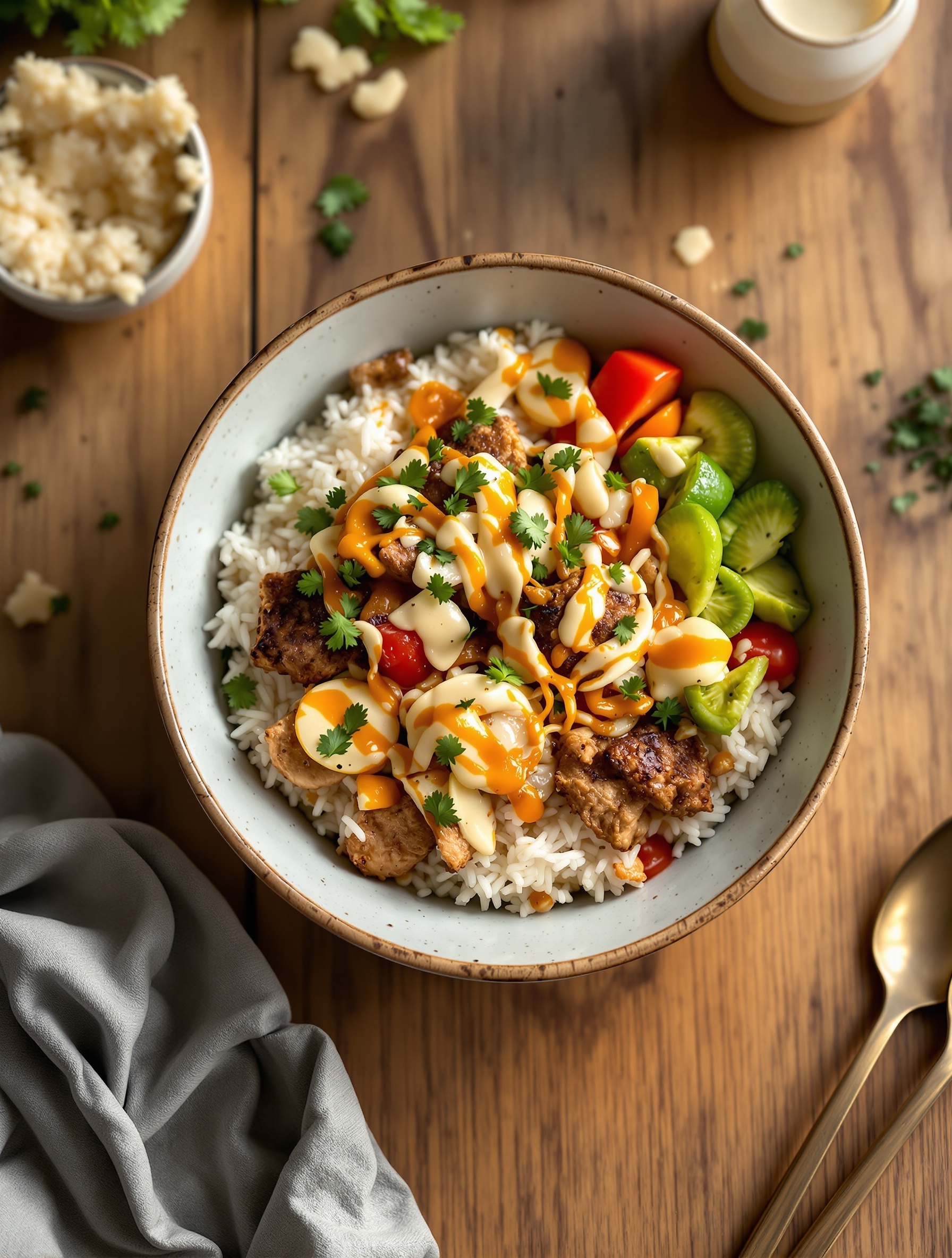 A delicious rice bowl topped with leftover proteins, colorful vegetables, and drizzled with sauce.