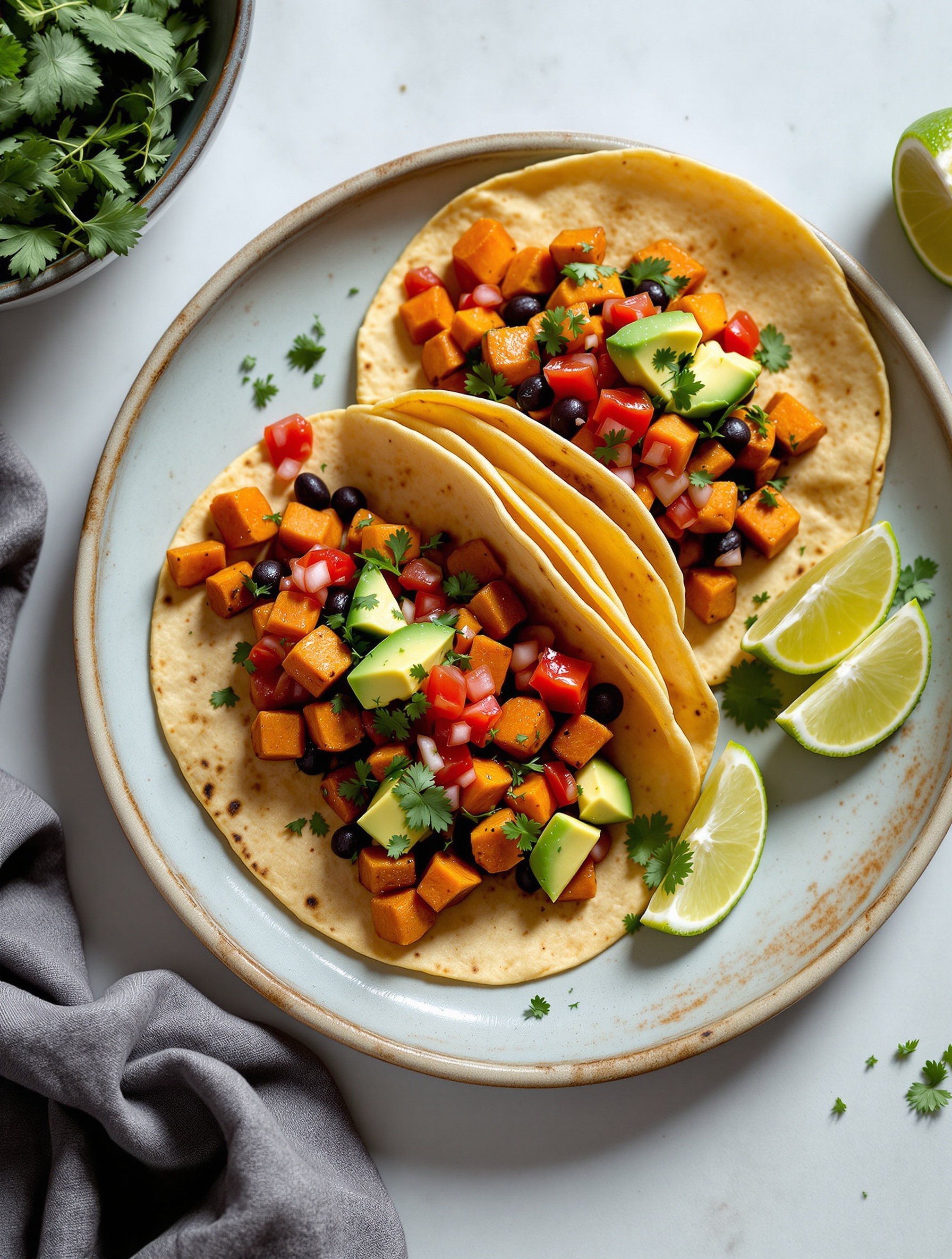 Sweet potato and black bean tacos topped with avocado and tomatoes on a plate