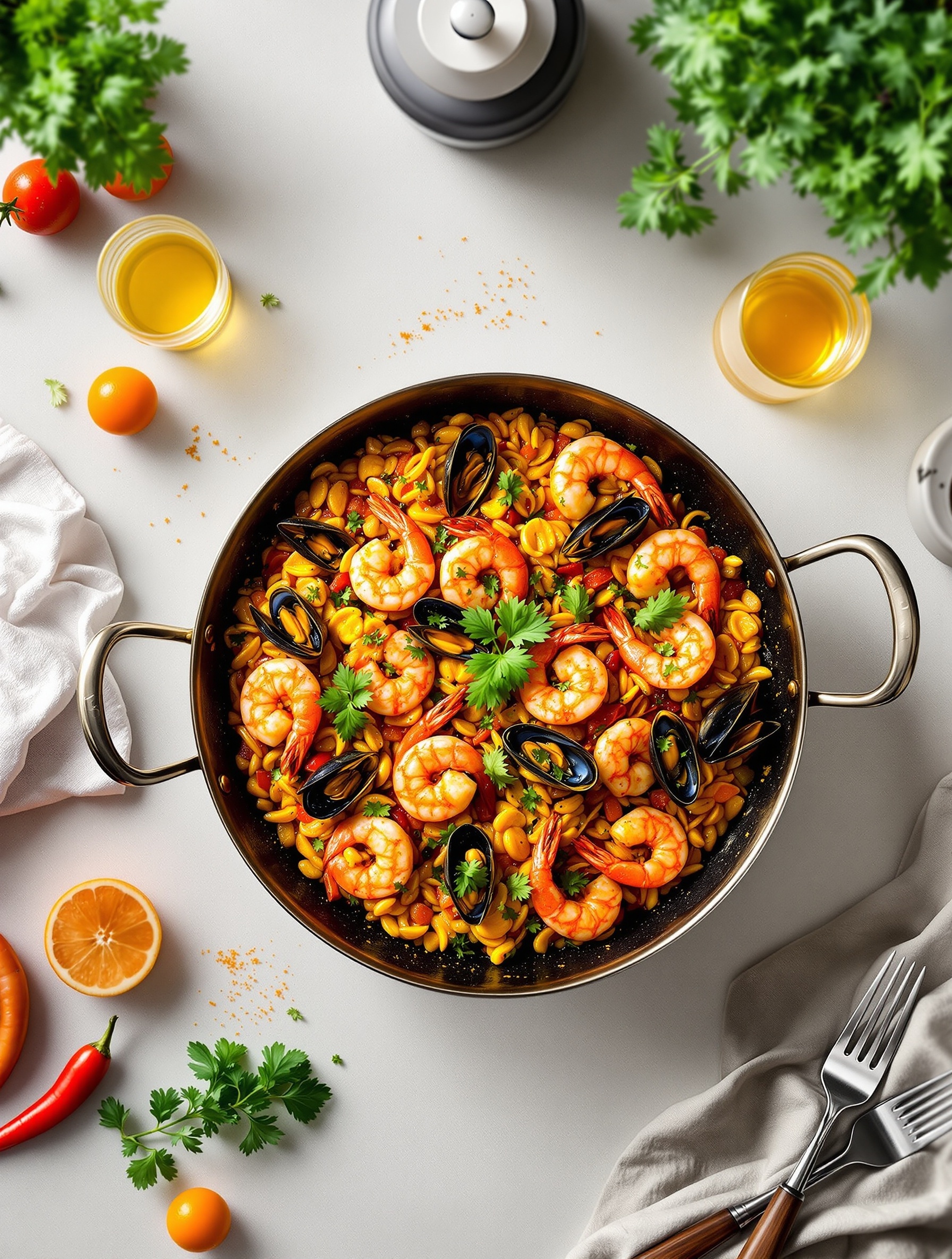 A delicious seafood paella with shrimp, mussels, saffron rice, and fresh herbs.