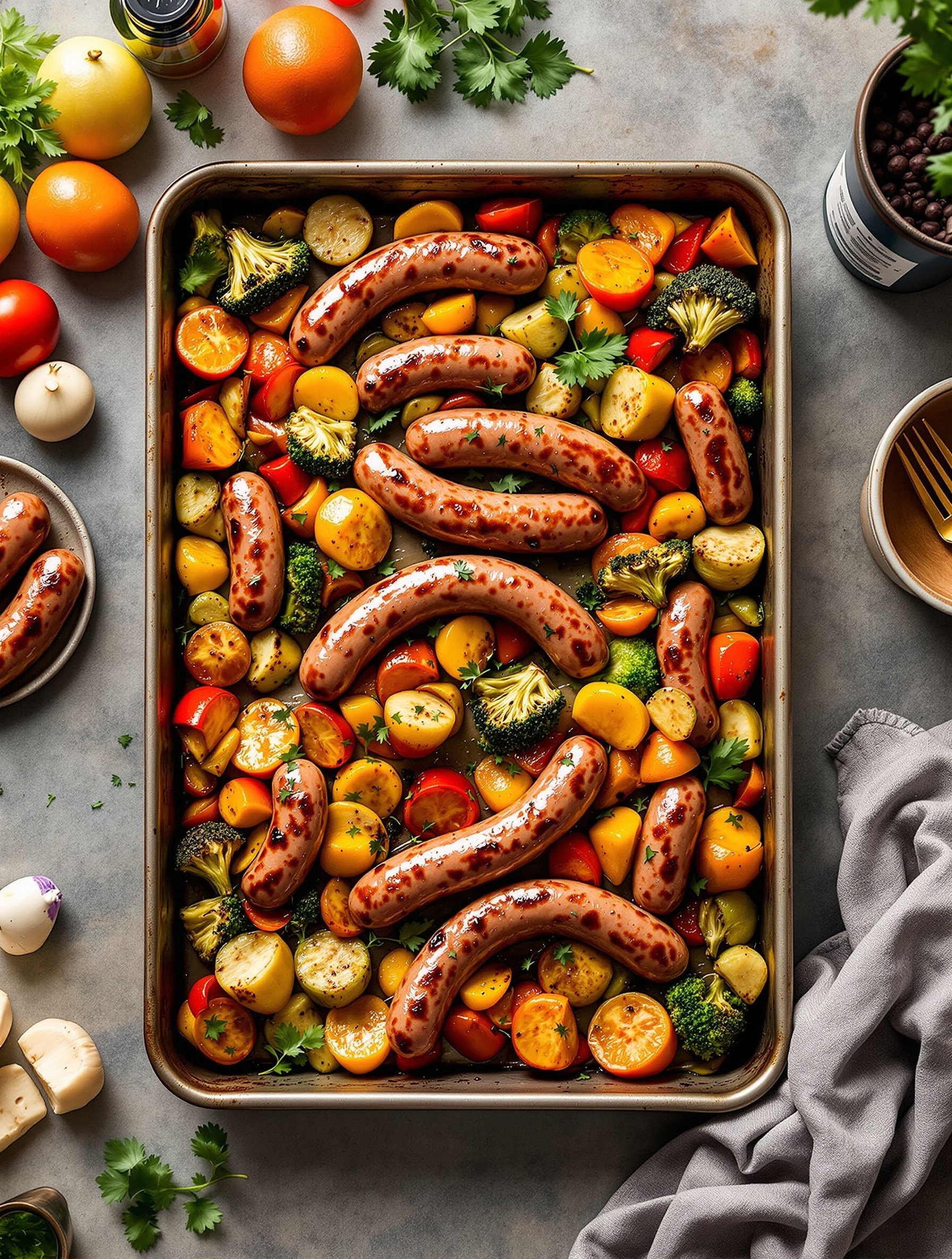 A sheet pan filled with sausages and colorful vegetables, ready to be baked.