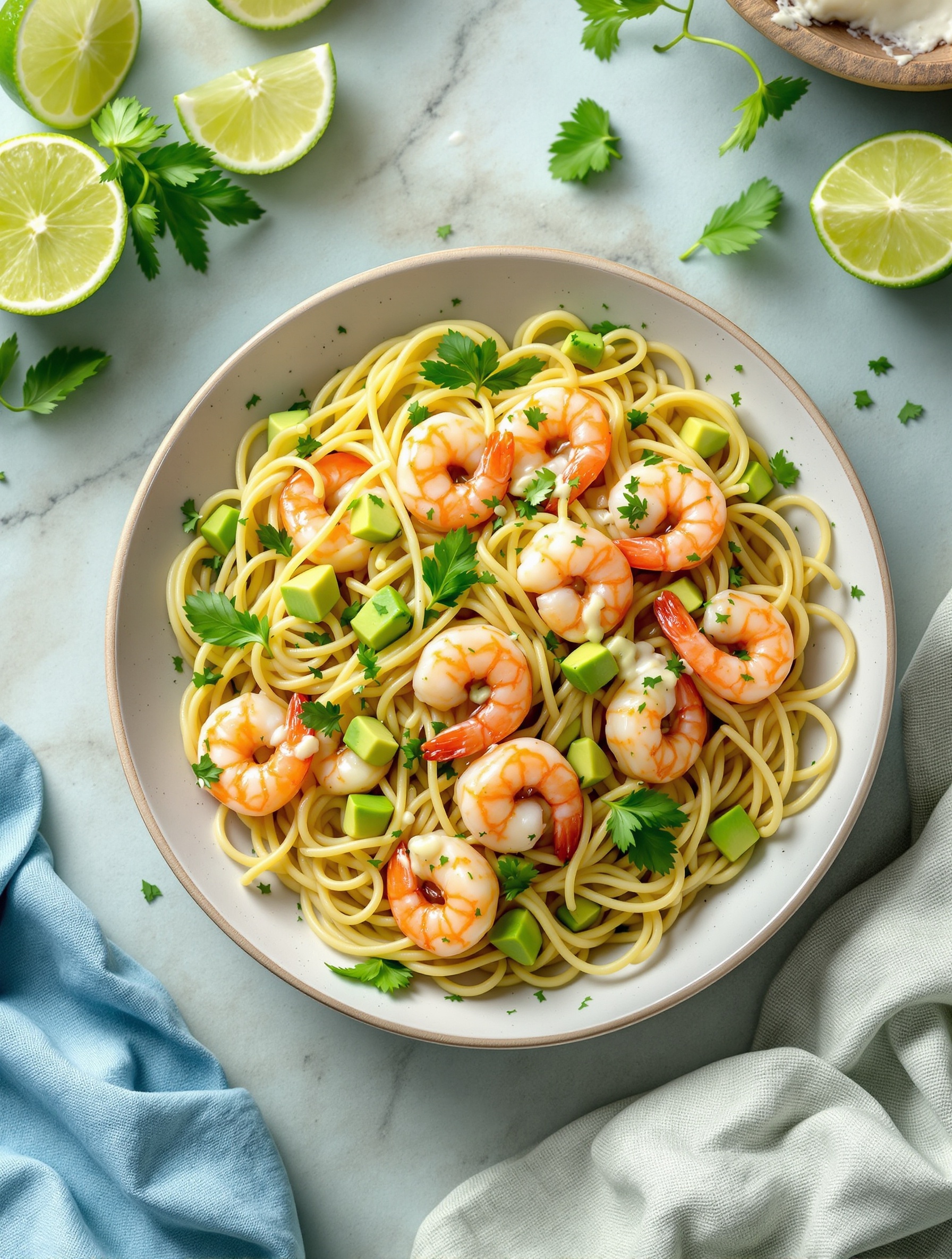 A bowl of shrimp and avocado pasta with lime dressing, garnished with cilantro and lime wedges.