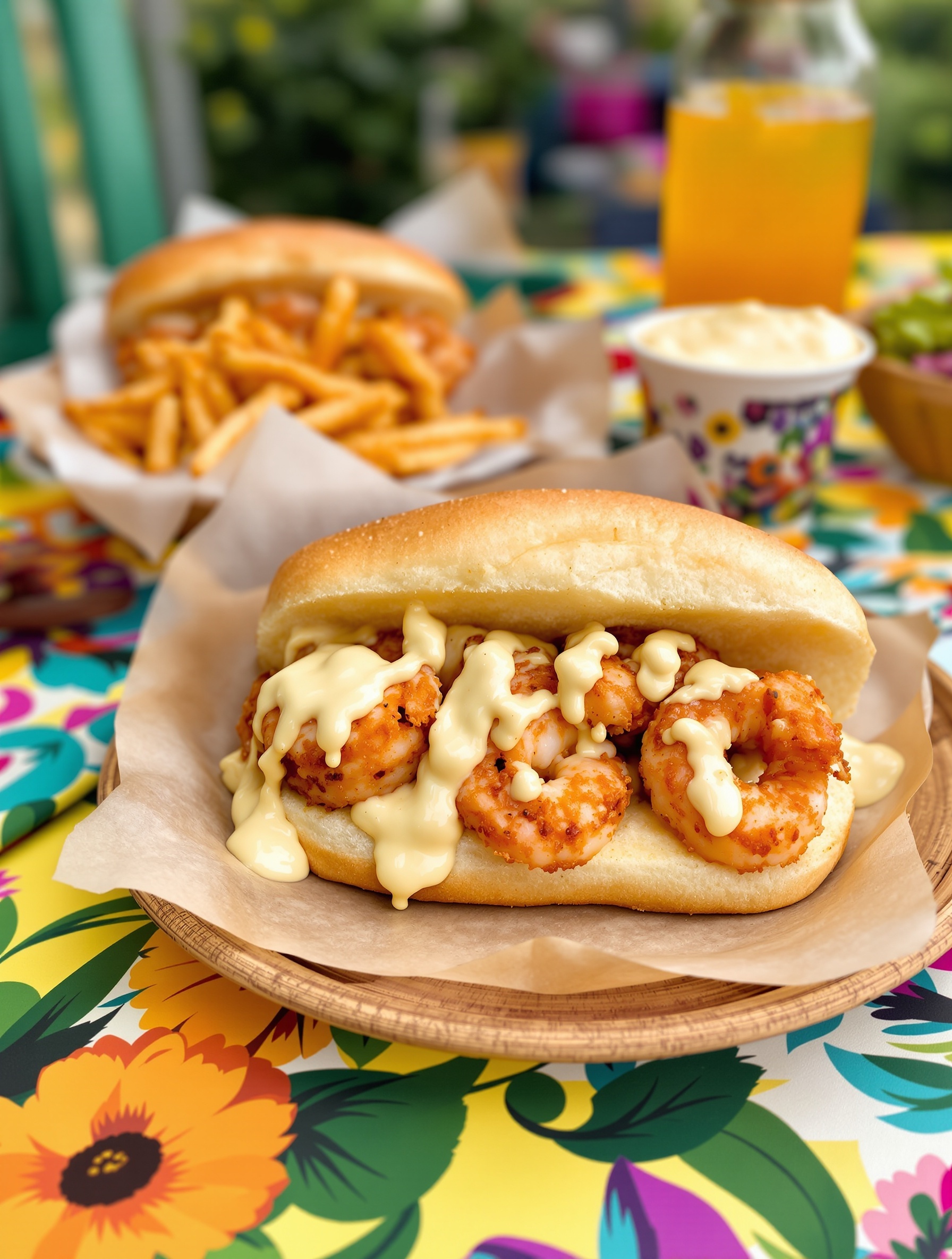 A Shrimp Po' Boy sandwich with remoulade sauce, served on a colorful table.