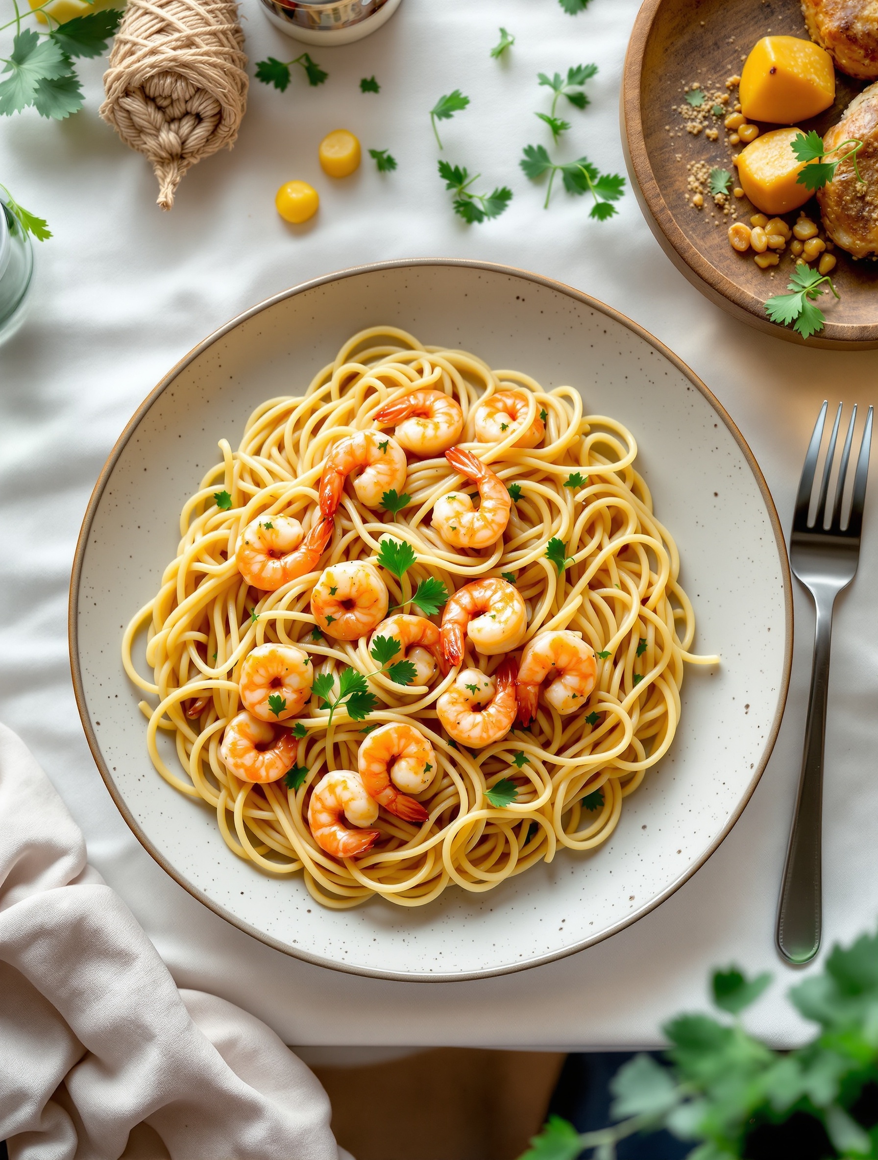 A plate of shrimp scampi with spaghetti, garnished with parsley, and a side of colorful ingredients.