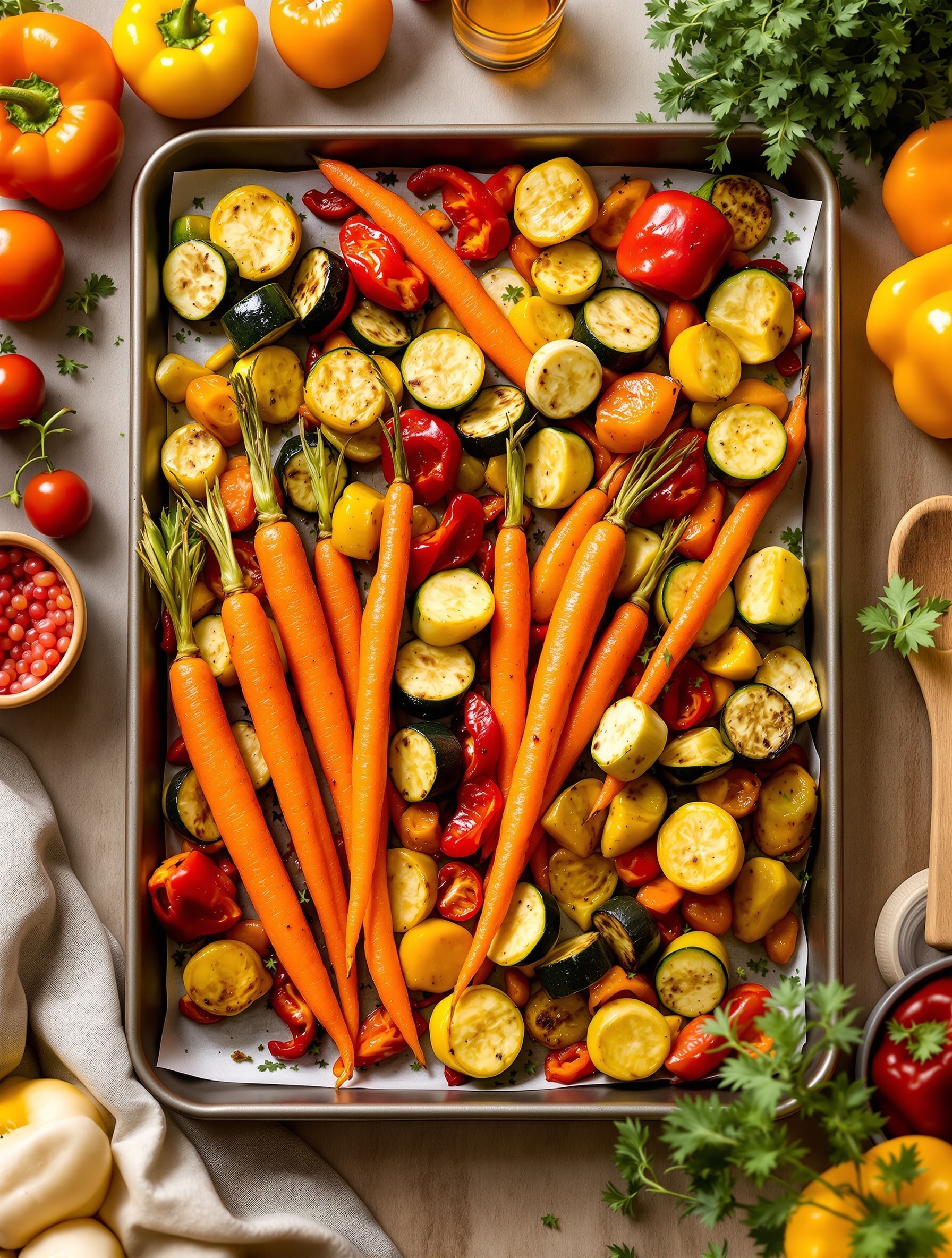 A colorful tray of roasted vegetables including carrots, bell peppers, and zucchini, ready to be served.