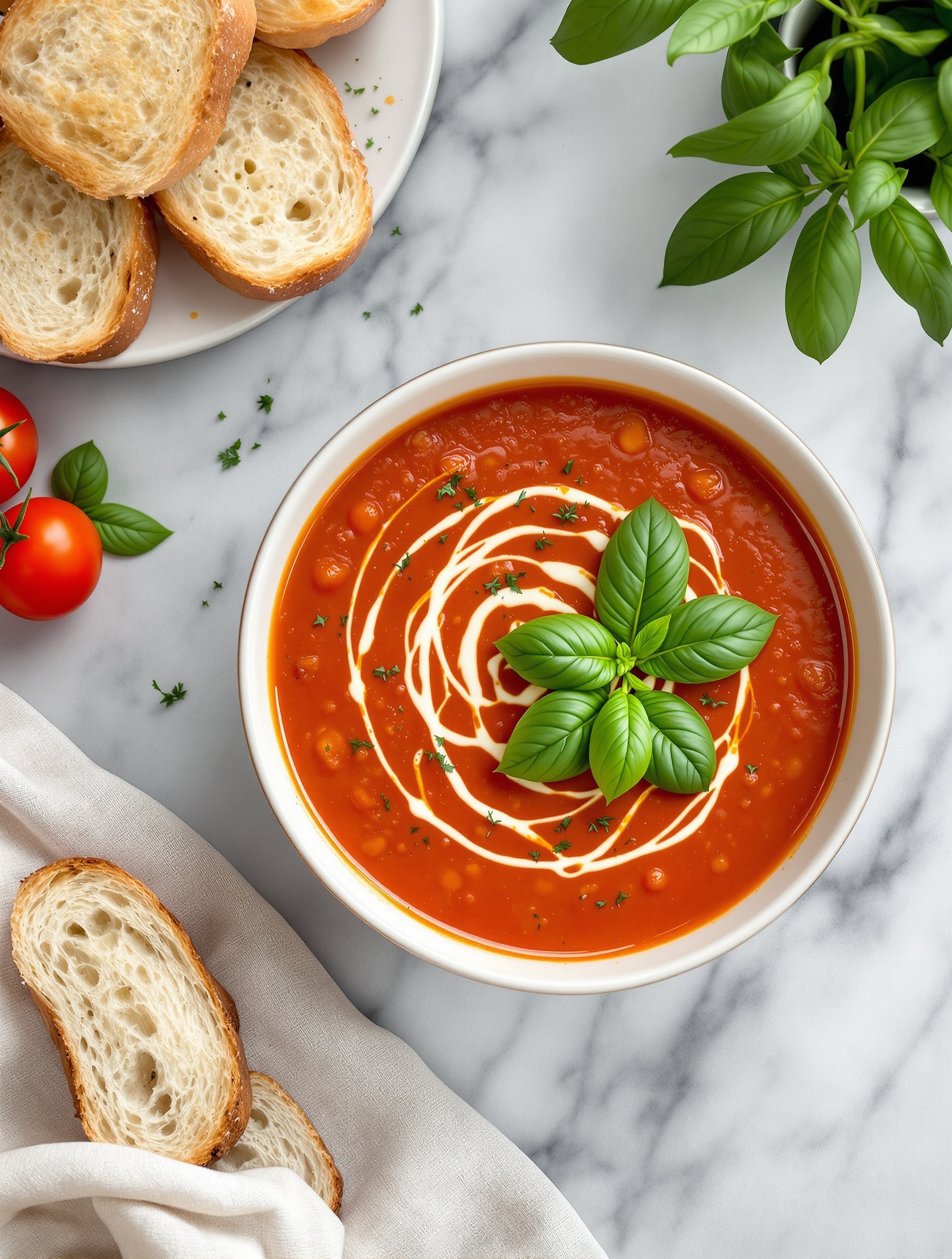 A bowl of tomato basil soup garnished with cream and basil, served with slices of bread.